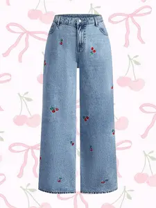 Women's Hand Embroidered Cherry Casual Straight Leg Wide Pants, Elegant Woven Denim Jeans, All Seasons Fashion, Comfortable Fit Trouser, Cute Fitted, Womenswear