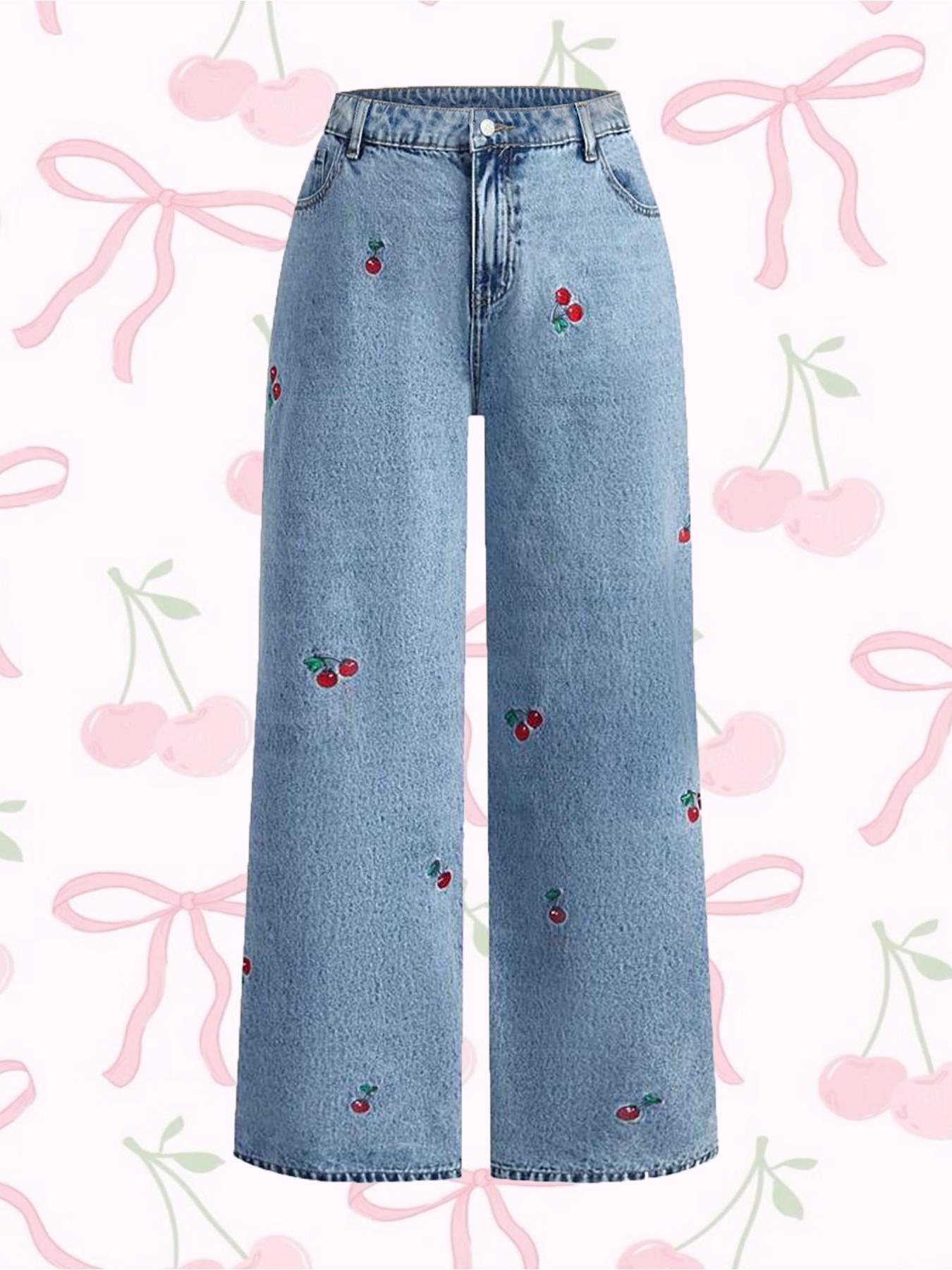 Women's Hand Embroidered Cherry Casual Straight Leg Wide Pants, Elegant Woven Denim Jeans, All Seasons Fashion, Comfortable Fit Trouser, Cute