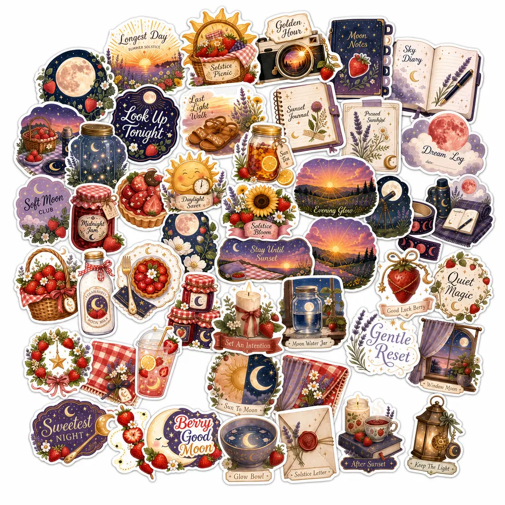 Strawberry Moon Celestial Stickers - 39 Original Art Designs, Midnight Blue Star Stickers, Waterproof Vinyl Decals, Floral Scrapbooking Decor for Journals, Bottles, Clean Polished Look