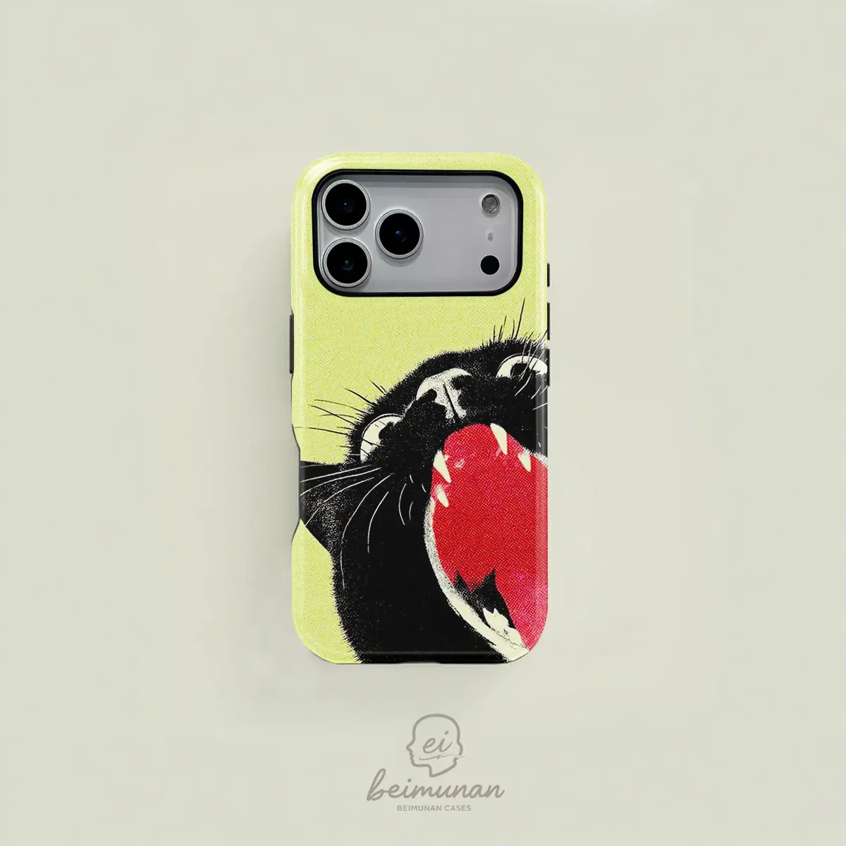 Yellow cartoon-style black cat with open mouth design, durable 2-in-1 protective case, MagSafe compatible, suitable for iPhone 17/16/15/14/13/12/11 Pro Max/Plus/Pro, simple and stylish phone case, perfect birthday gift.