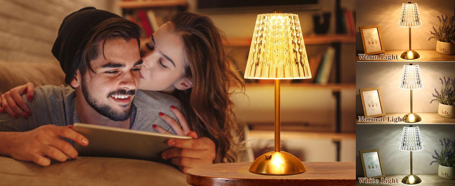 Cordless lamp,Dimmable Crystal Table Lamp 3 Colors LED Gold Lamp,Touch Lamp Diamond Crystal Lamp, Rechargeable Small Lamp, Wireless Lamp Vintage Lamp for Bedroom Living Room Bathroom Hotel Bar