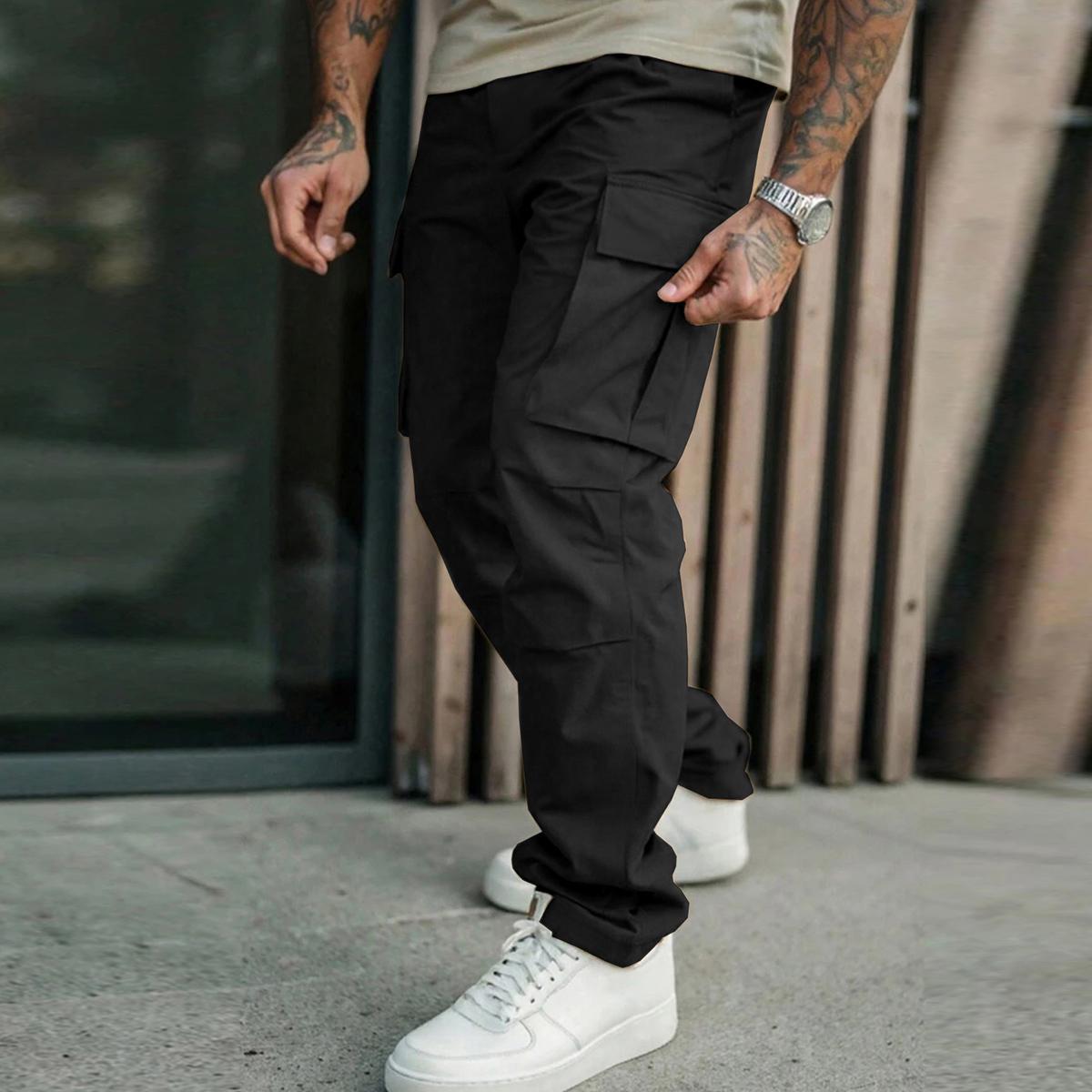 Men's work pants, solid color, equipped with multiple practical pockets, made of non stretch fabric, suitable for hiking trips, spring/autumn outdoor activities, and everyday casual occasions, men's casual pants