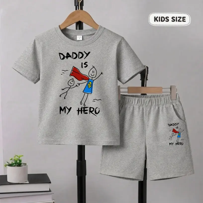 Boys’ Daddy Is My Hero Printed Design Short Sleeve T-Shirt And Shorts Set, Casual Kids Summer Outfit, Comfortable Crew Neck Clothing Set For Daily Wear And Outdoor Play