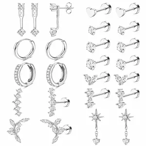 12 Pairs Stainless Steel Flat Back Earrings Set for Women, Hypoallergenic CZ Stud Earrings and Huggie Hoop Earrings, Silver Screw Back Cartilage Earrings for Helix, Tragus, Conch, Multiple Piercings