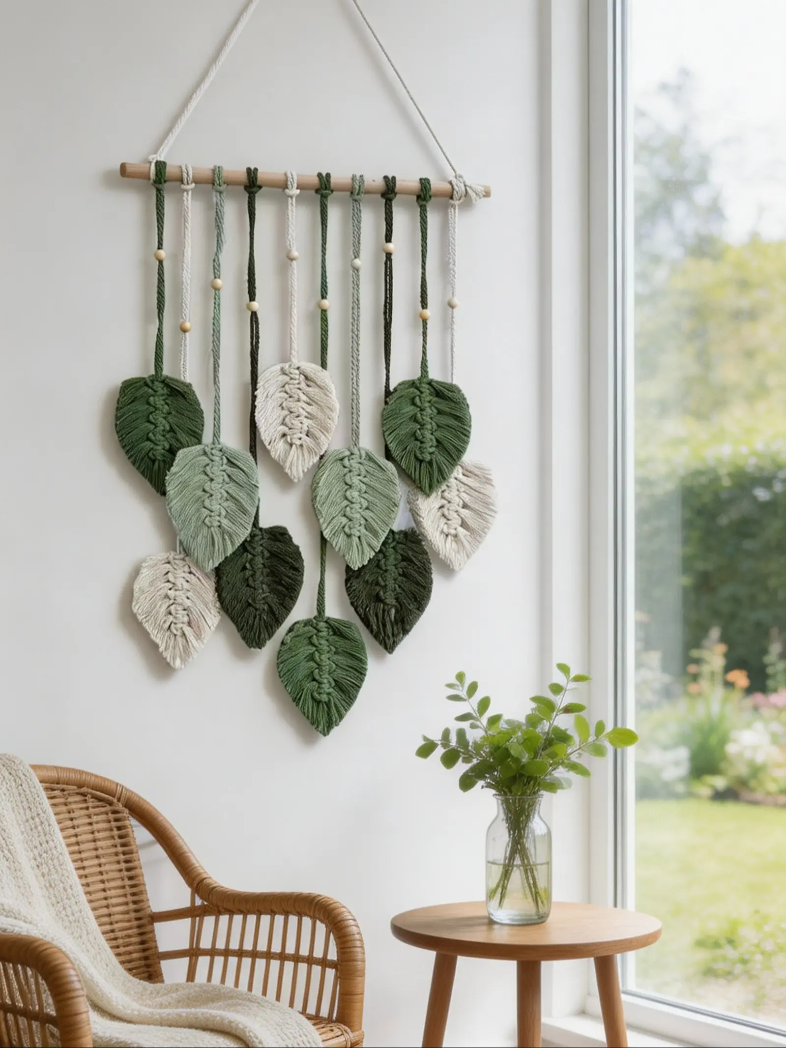 Boho Macrame Leaf Wall Hanging, Handmade Woven Leaves Tapestry with Wooden Beads & Stick, Fringe Wall Decor for Bedroom Living Room