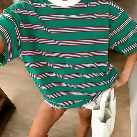 90s Retro Coastal Striped Short Sleeve T-Shirt, Unisex Basic Style, Loose Fit, Lightweight Wrinkle-Free, Summer Beachwear, Multiple Color Options, Vibe