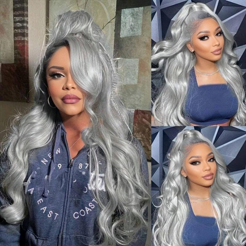 Grey Body Wave Synthetic Lace Front Wigs Pre Plucked Natural Hairline Glueless Wigs for Fashion Women 13x4 Lace Front Wigs Heat Resistant Fiber Daily Used 150% Density Silver Grey Water Wave Synthetic Wigs 28 Inches