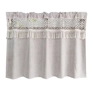 1pc Vintage Bohemian Style Small Window Curtains, Thread Crochet Cutout Geometric Pattern Stitching Plain Imitation Linen Texture Small Curtain for Kitchen Window Half Curtain Rods Pocket Top 1 Panel Coffee Curtains