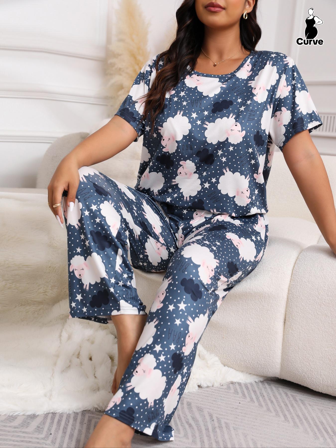 Plus Size Two-Piece Set Cartoon Dinosaur Print Tee & Elastic Pants & Eye Mask Pyjama Set, Casual Short Sleeve T-shirt & Trousers & Eye Cover, Women's Summer Sleepwear