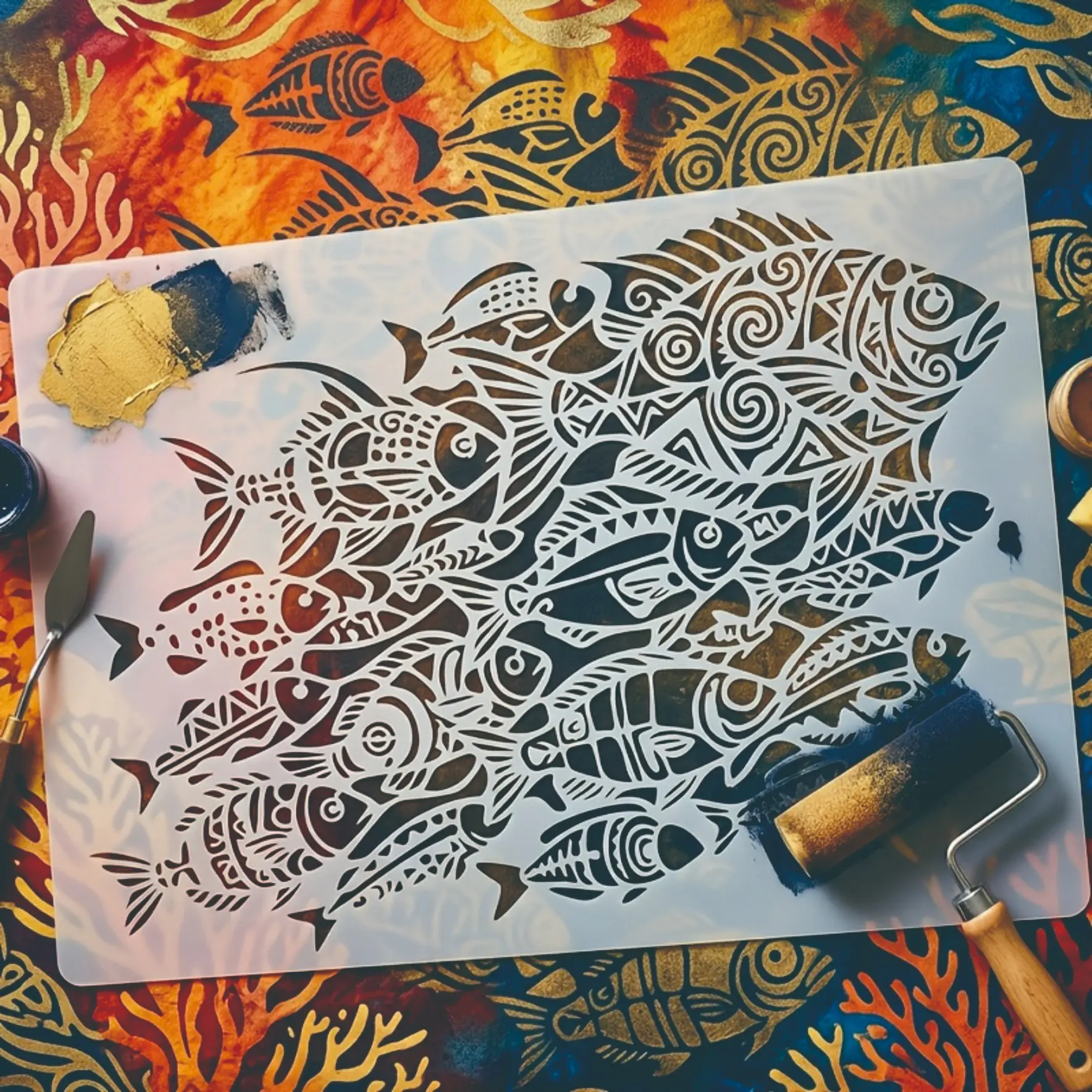 Reusable Fish Pattern Stencil, Tribal Ocean Theme Art Template, Marine Life Drawing Guide, DIY Craft Supplies, Wall Fabric Canvas Glass