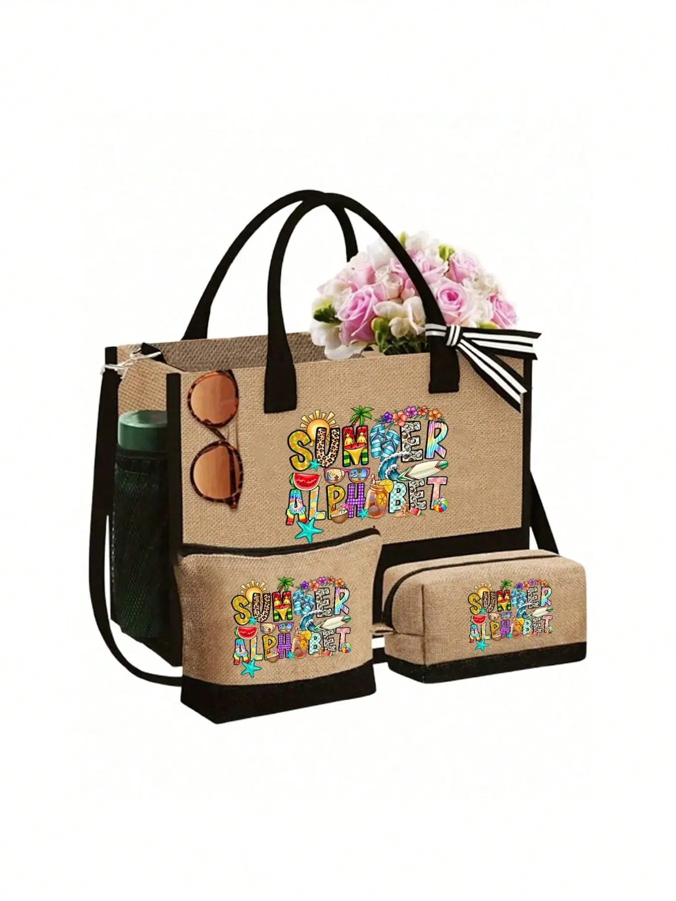 Women Beach‑Themed Tote Bag Set with Summer Letter Print, Large Tote & 2 Cosmetic Bags, Travel Handbag for Wedding Vacation Daily Use, Birthday Gift for Women Mom Teacher Friend Bridesmaid Student