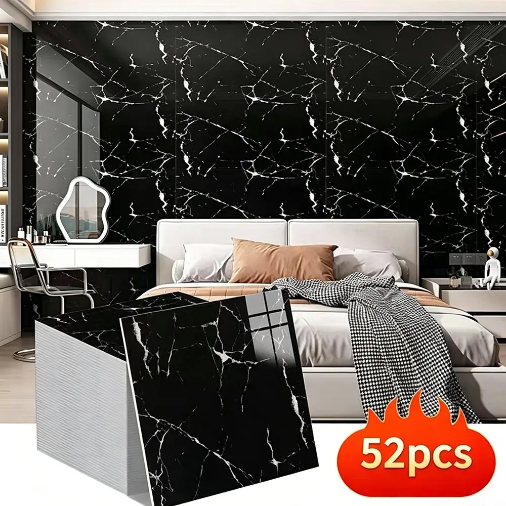 52pcs Thick Luxury Stone Pattern Self-Adhesive Wall Stickers, Oil-Resistant, Cuttable, Strong Coverage, Kitchen, Bathroom, Balcony Decor, Gift, Bathroom Peel And Stick Wallpaper