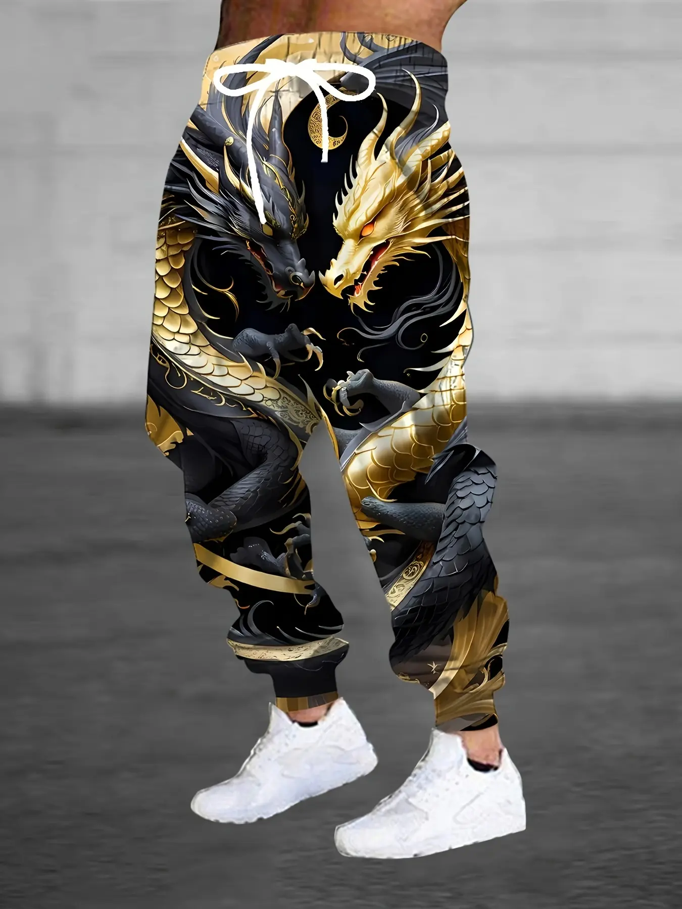 Men's 3D Dragon Printed Long Sweatpants with Drawstring and Pockets - Casual Stretch Polyester Sweatpants, Chinese Dragon Pattern, Fashion Design