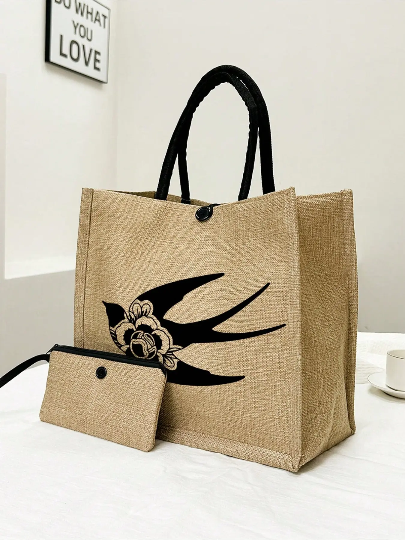 Linen Handbag with Coin Purse, Large Capacity Linen Handbag with Small Pouch, Swallow Pattern, Big Capacity Mom Grandma Handbag