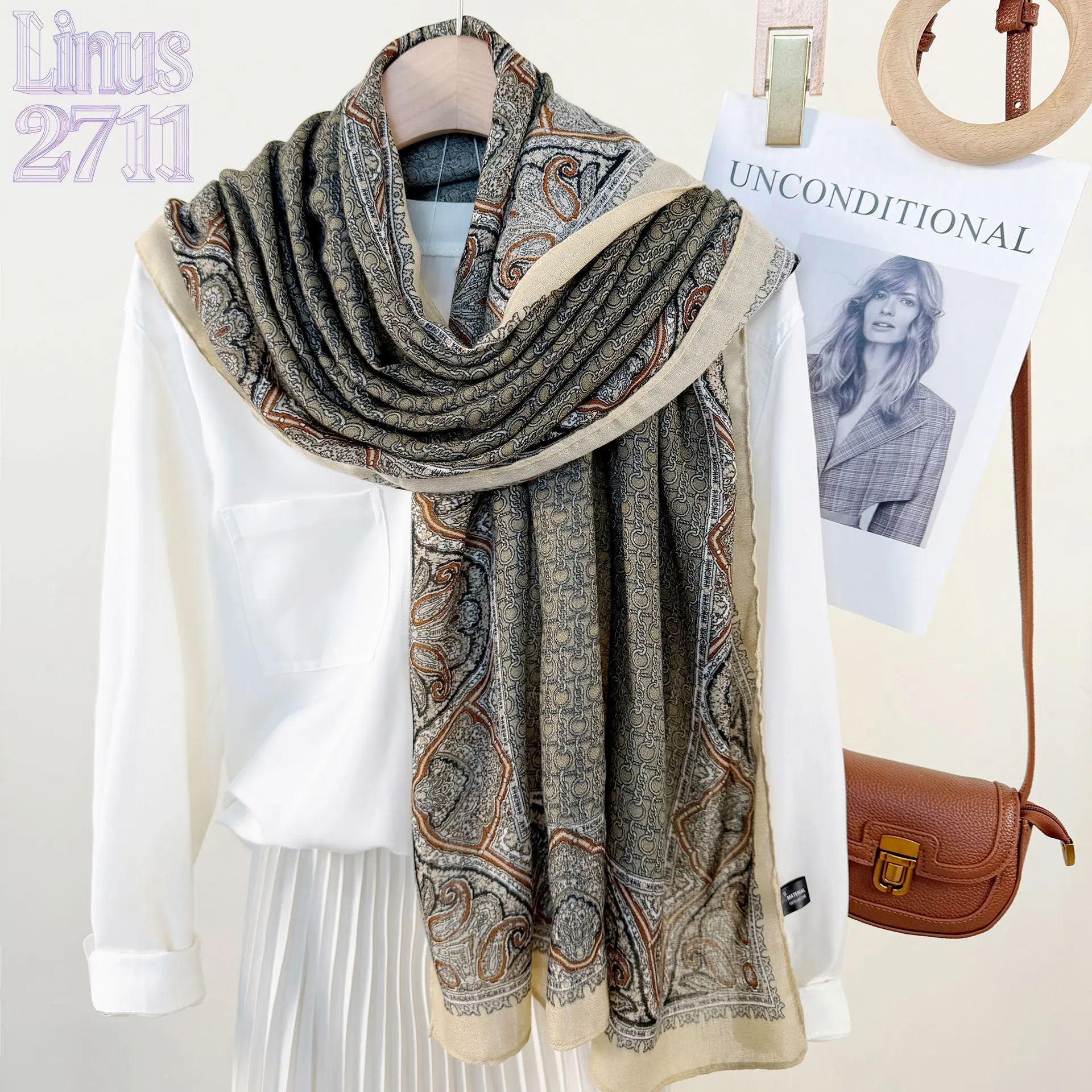 Vintage Chain Paisley Print Long Scarf Women Thin Lightweight Shawl Neutral Tone Spring Summer Elegant Neck Wrap Coat Dress Matching Travel Layering Fashion Accessory