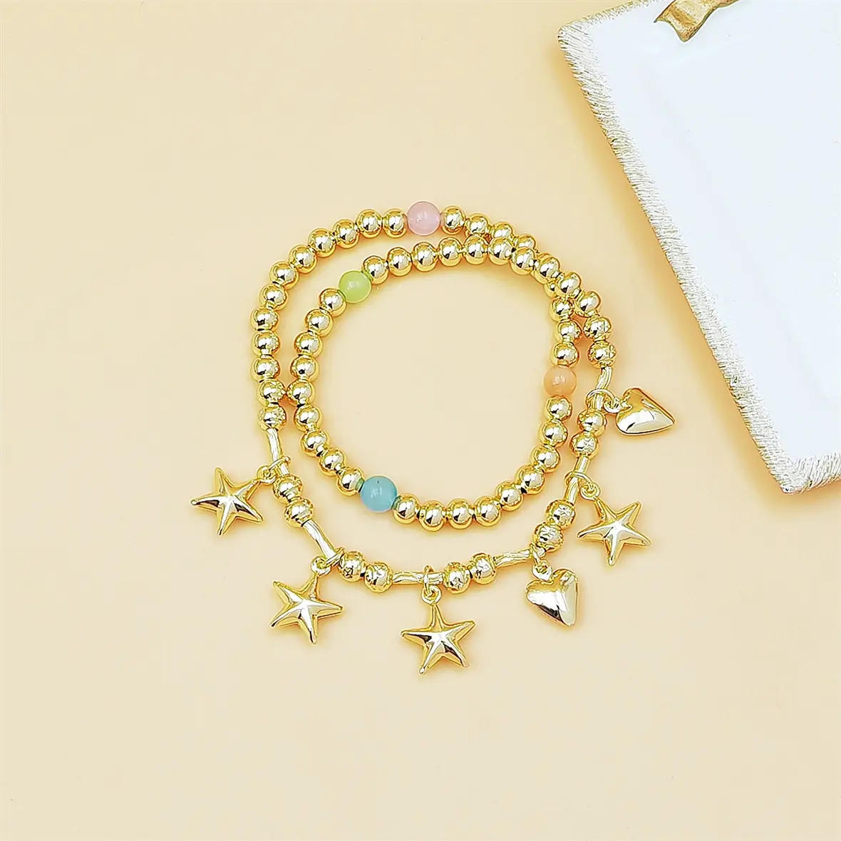 Women's Gold Beaded Stretch Bracelet - Star Heart Charms, Colorful Natural Stone Beads, Elastic Wrist Bangle, Casual Daily Ocean-Themed Costume Jewelry (Yes, No Warning Applicable), Bracelets For Women, Charm Bracelets