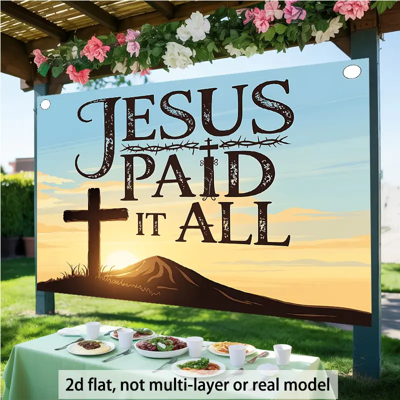 Jesus Paid It All Sunset Cross Backdrop Religious Backdrop Tapestry Wall Hanging Photography Background Polyester Fabric Church Easter Wedding Funeral Indoor Outdoor Studio Decor Banner, Room, Lightweight, Baby Shower
