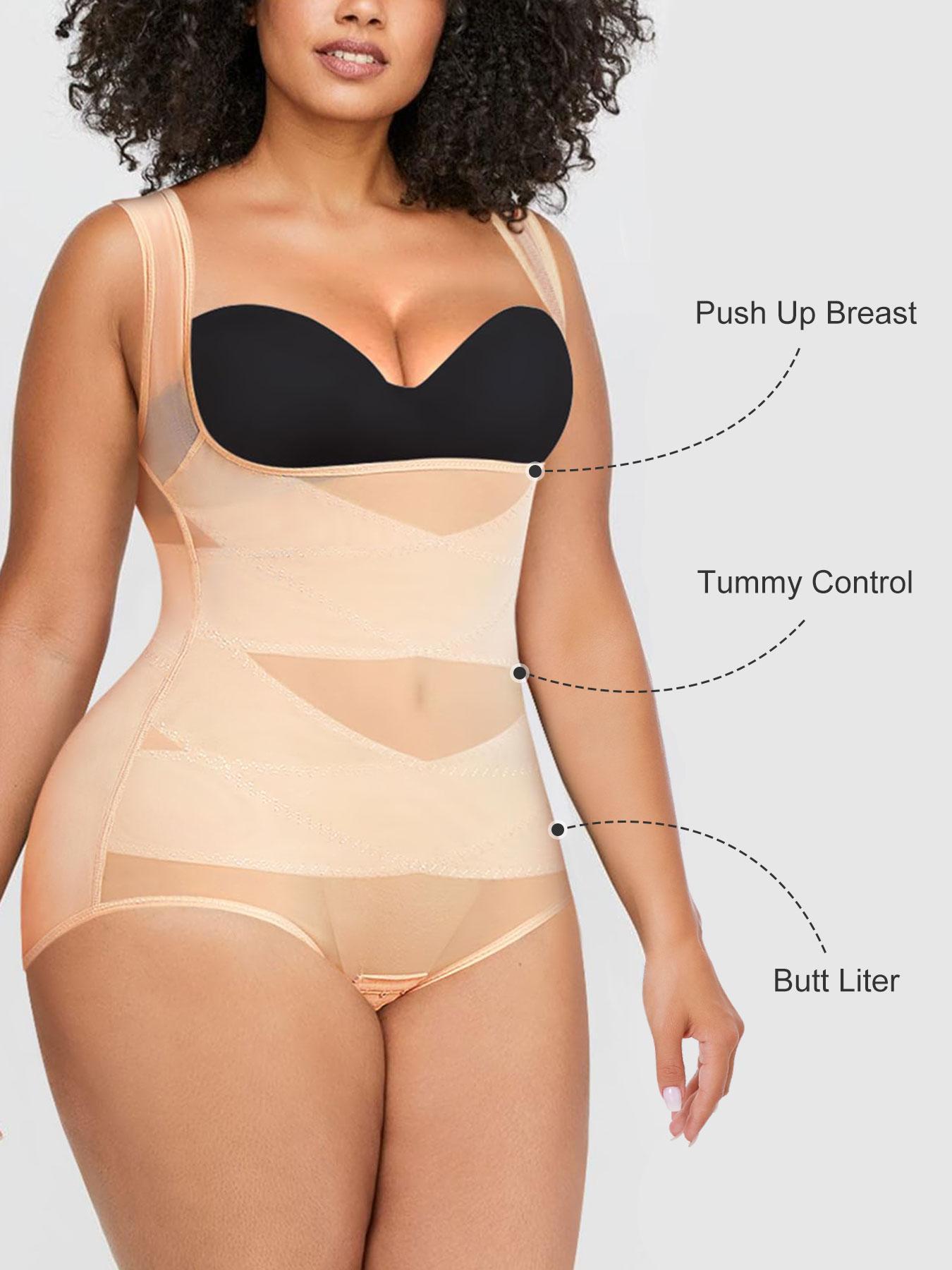【Plus Size】 Solid Color Open Bust Hook & Eye Closure Crotch High Waisted Shapewear Bodysuit, Breathable Comfortable Shaper, Tummy Control Butt Lifter, Ladies Shapewear for All Seasons