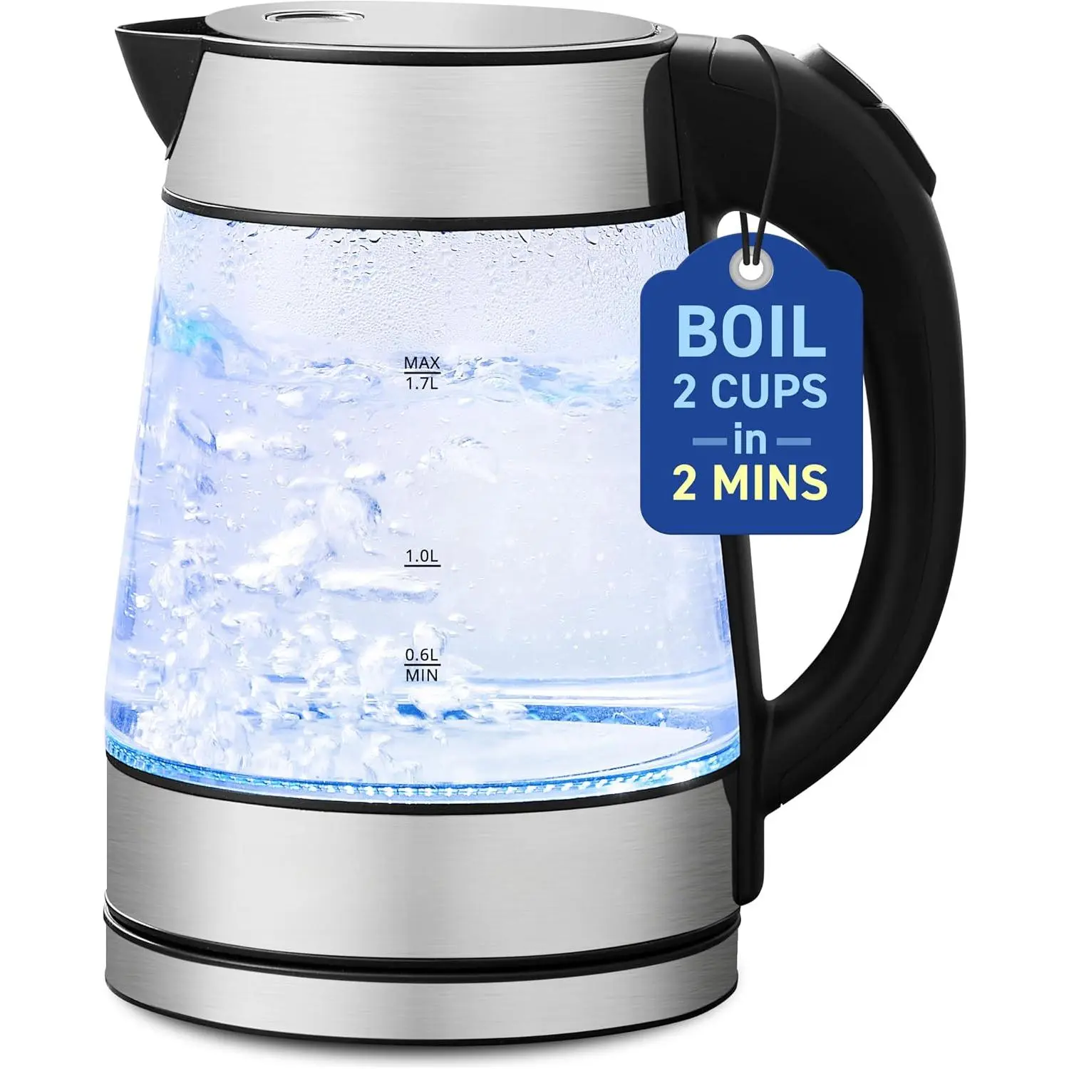 Cordless Glass Body Electric Kettle with Blue LED Light, Fast Boil with 360-Degree Swivel Base, Auto-Off & Boil-Dry Protection for Tea & Coffee, Auto Shut Off, Modern