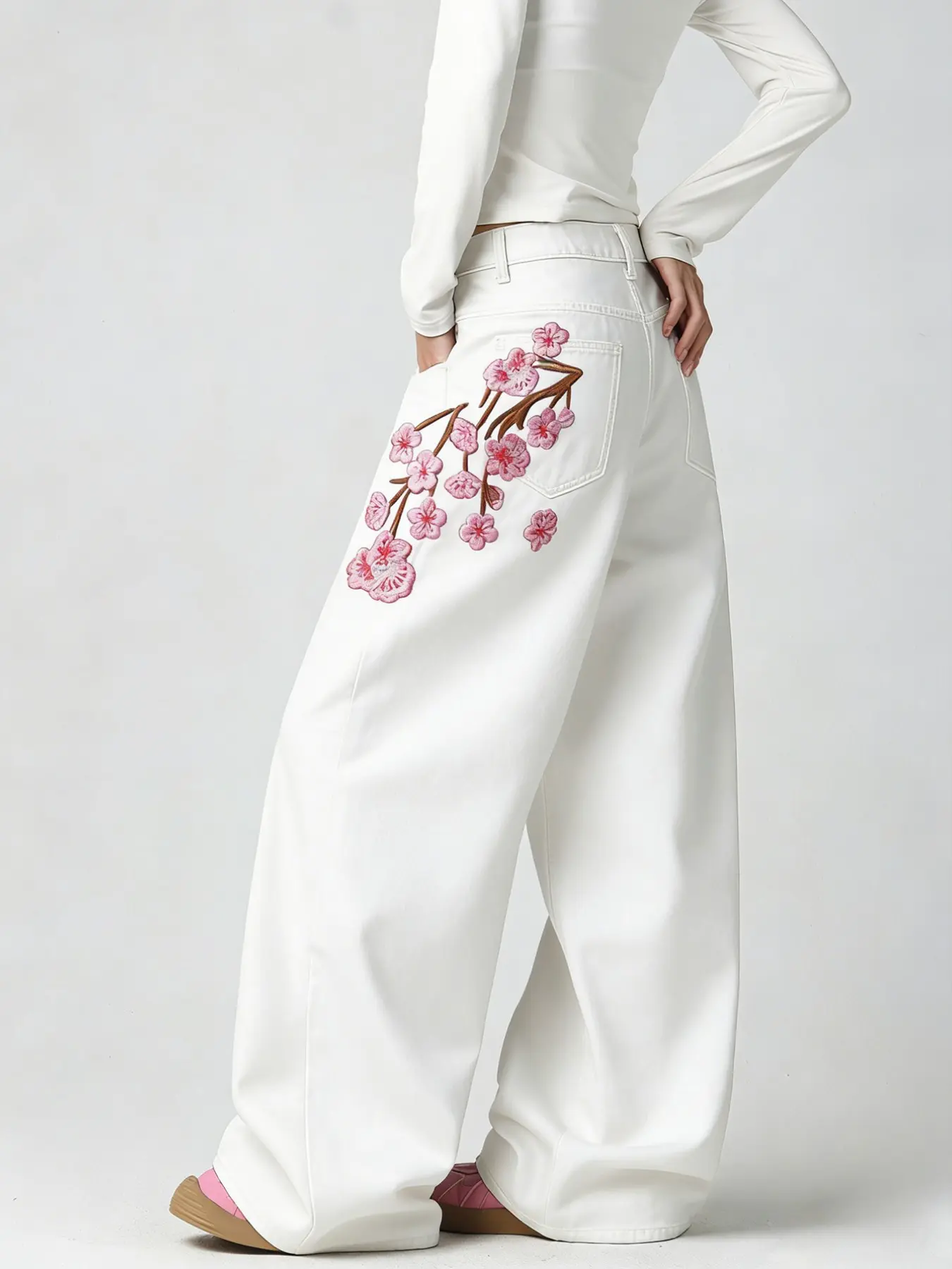 Women's High-Waisted Straight Leg Denim Jeans Pants Bottoms, Heavy Embroidery Floral Design, Loose Fit, Baggy, Streetwear, Street Style, All Seasons, Multiple Colors Available