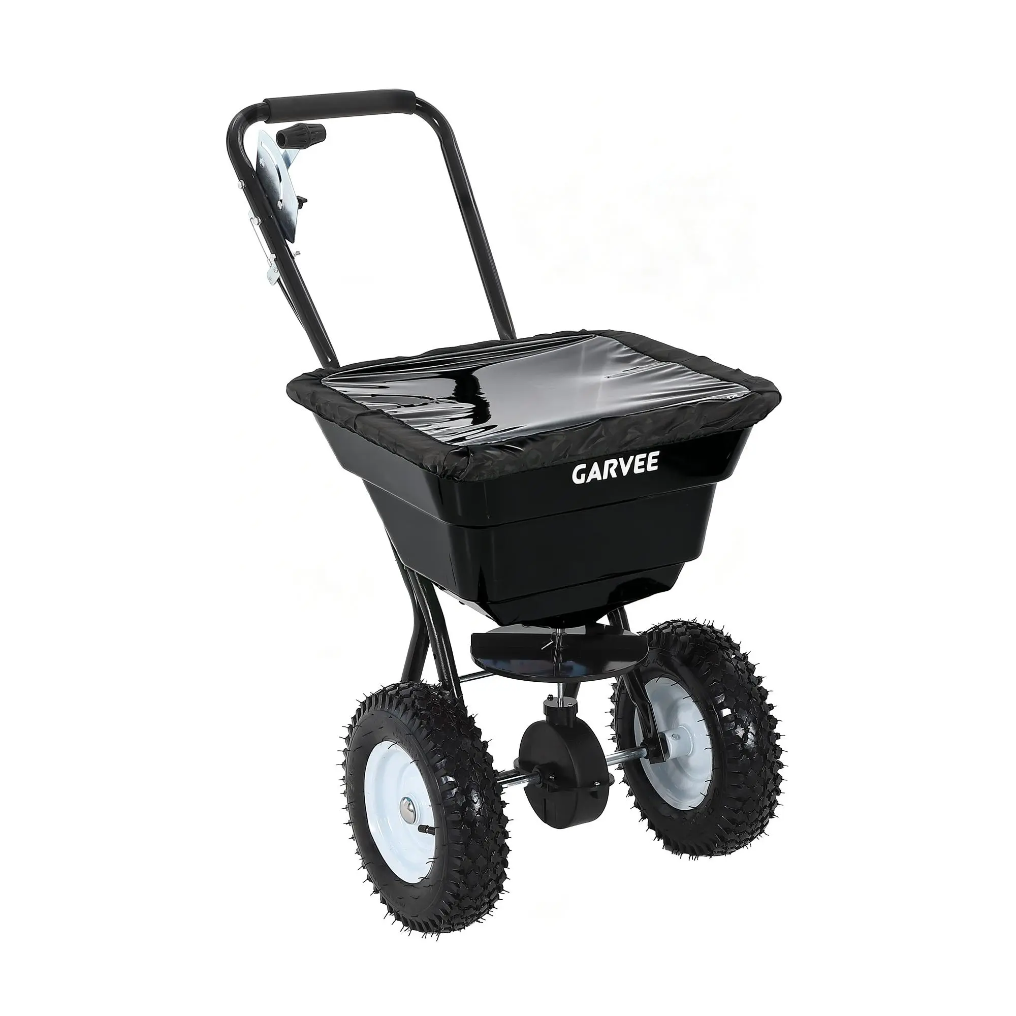 Garvee Heavy Duty Tow & Pull Behind Broadcast Spreader 80 lbs, 100 lbs, 125 lbs Spreading Width, Dual Impeller Auto-Stop, 30 Adjustable Settings, All-Terrain Pneumatic Wheels, For UTV, ATV, Tractor – Multi-Purpose Fertilizer, Seed, Salt