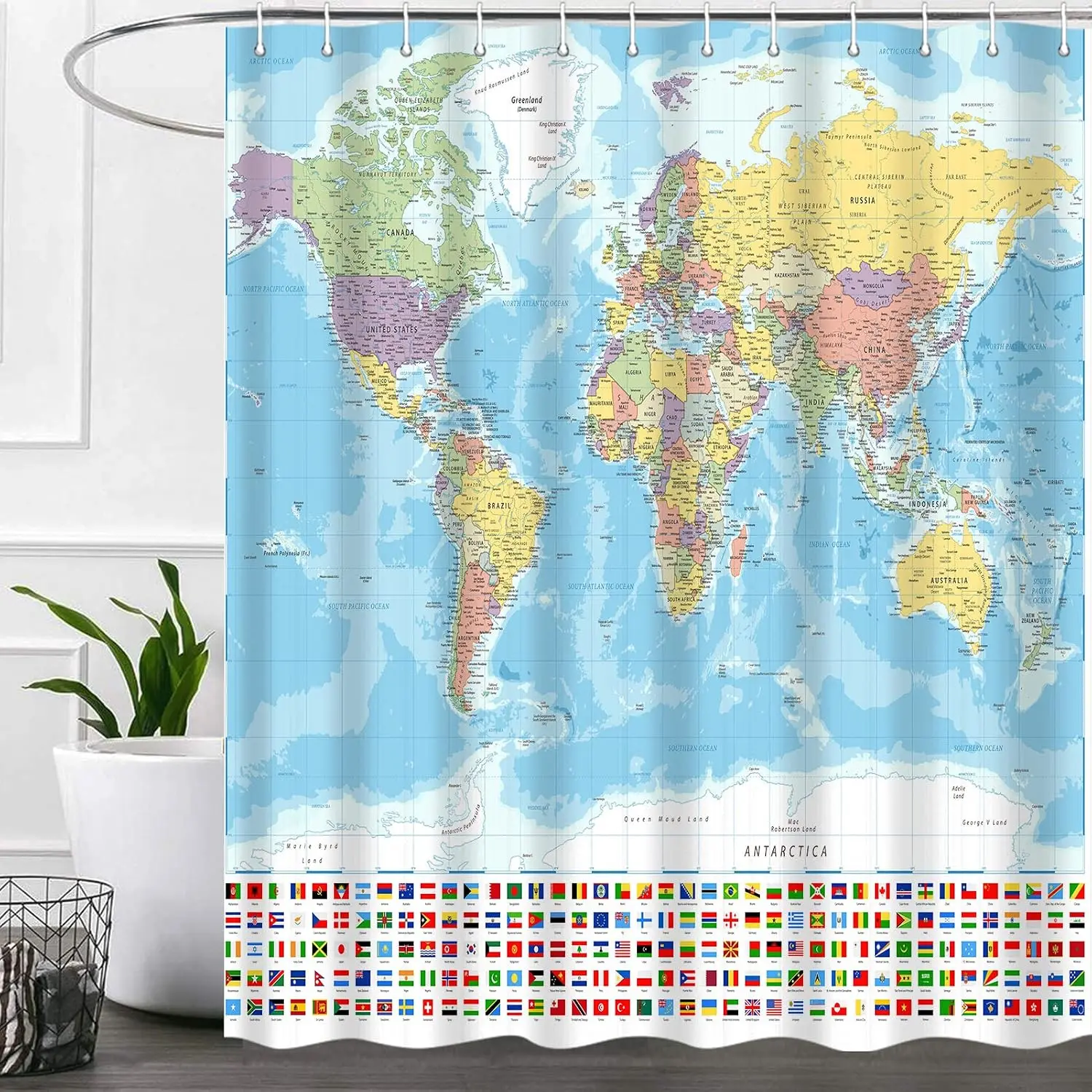 World Map Shower Curtain, Map of The World with National Educational Fabric Shower Curtains Set for Bathroom Boys Girls Kids Map Bath Decor with Hooks 72 X 72 Inch