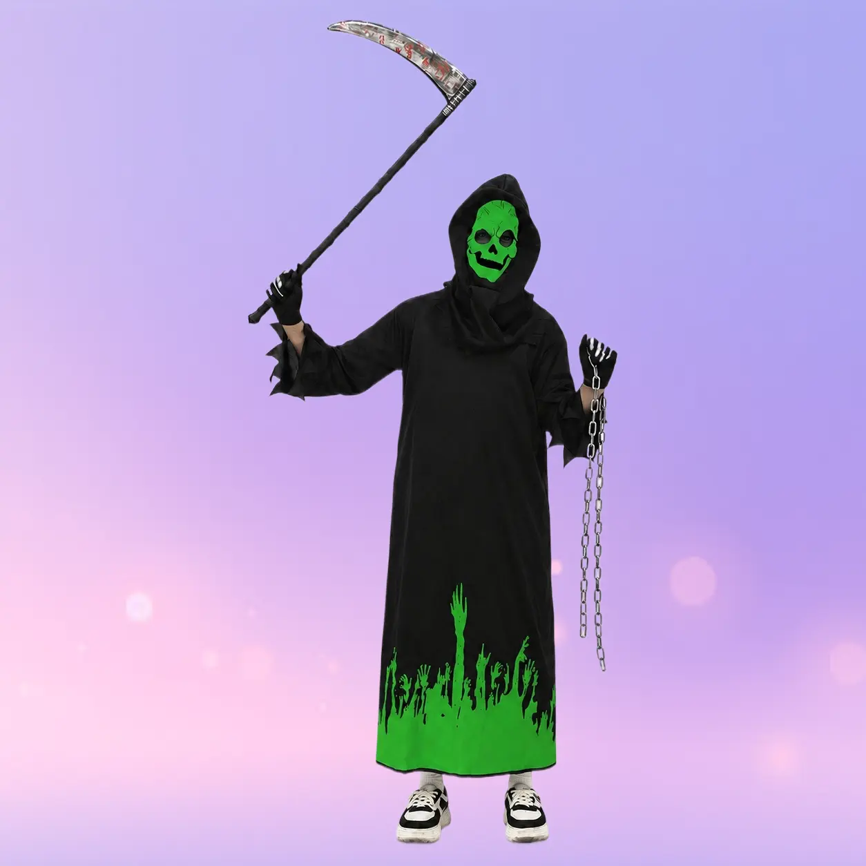 Kids Reaper Cosplay Outfit with Glow‑in‑the‑Dark Sickle Prop for Halloween Stage Performances