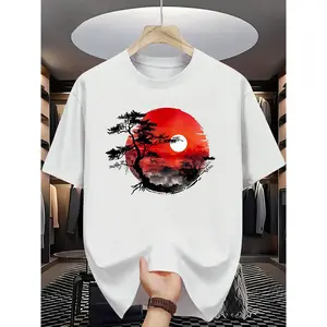 Oriental Ink Wash Pine Tree Red Sun Mountain Landscape T-Shirt, Japanese Vintage Nature Art Tee, White Casual Cotton Top, East Asian Zen Aesthetic Apparel,funny graphic tee,summer graphic tees,tee men