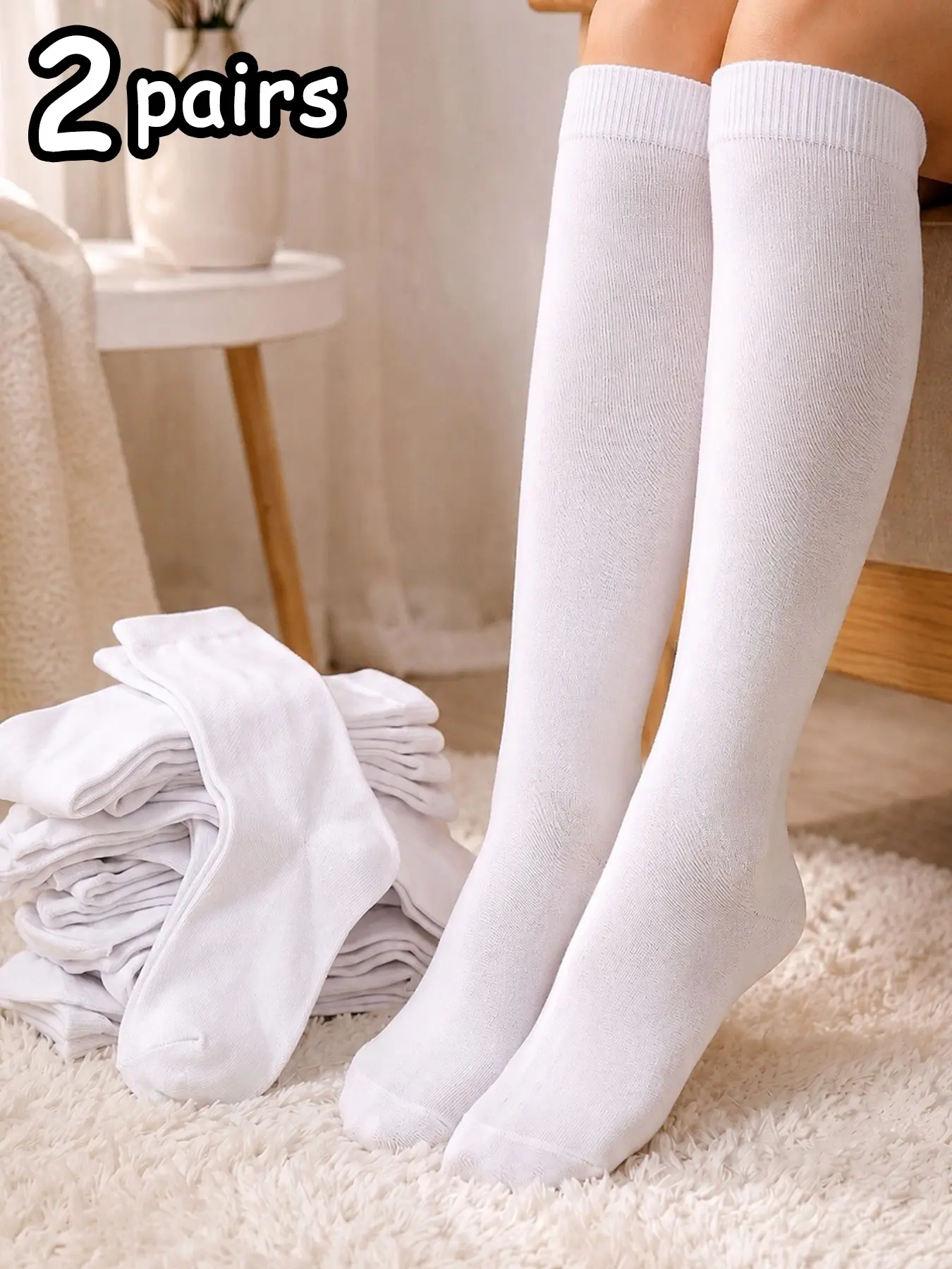 2 Pairs Women's Over-The-Knee Socks, High Elastic Breathable Long Calf Socks, Pure Daily Socks Value Pack, Preppy Style for All Seasons, Stocking Socks