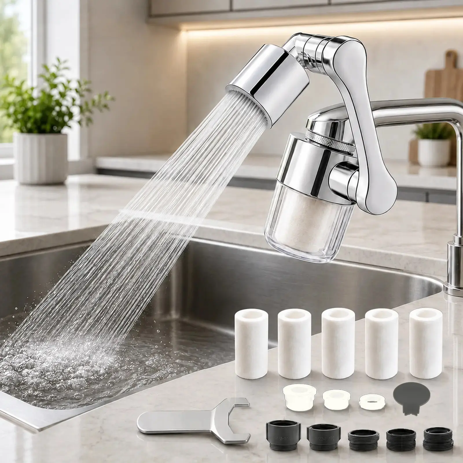 3D Swivel Faucet Aerator Fiter Set - 360-Degree Rotatable, Anti-Splash Soft Flow, Clear Vislible Shell,5 Replacement Cartridges, Universal Adapter for Kitchen, Bathroom Sinks