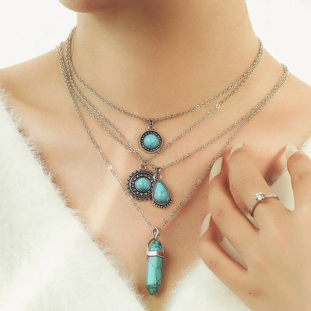Bohemian Turquoise Necklace Set 4 Layer Retro Pendant For Women Everyday Wear Geometric Totem Design Alloy Electroplated Chain