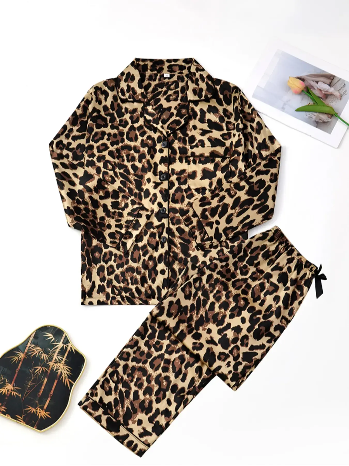 Women's Leopard Print Satin Pajama Set, Long Sleeve Button Front Top & Pants, Fall Winter Sleepwear, Comfortable Home Wear, Loungewear, Pajama Lounge Sets