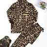 Women's Leopard Print Satin Pajama Set, Long Sleeve Button Front Top & Pants, Fall Winter Sleepwear, Comfortable Home Wear, Loungewear, Pajama Lounge Sets
