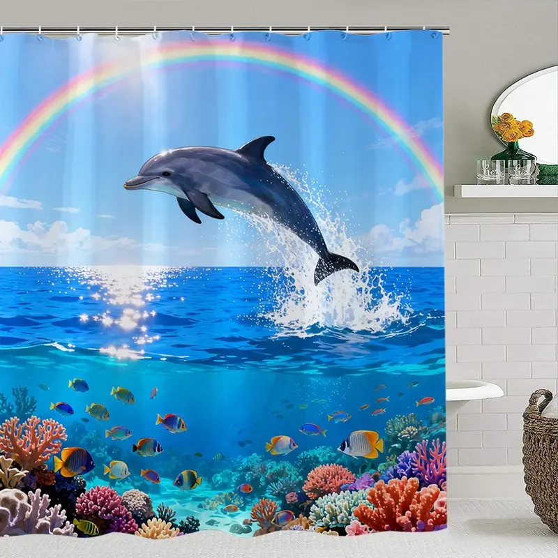 Creative Rainbow and Underwater Pattern Bathroom Decor Set, Waterproof Shower Curtain with 12 Hooks, Holiday Gift for Friends and Family