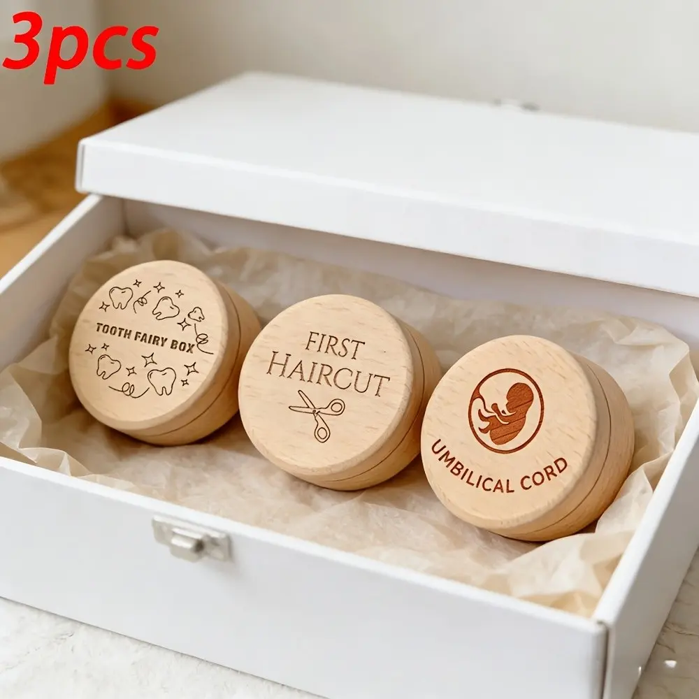 3‑Pack Wooden Baby Keepsake Box Set, Tooth Fairy Box, Umbilical Cord Box & First Haircut Box, Portable Organiser Lanugo Hair & Teeth Storage Holder, Newborn Birth Souvenir