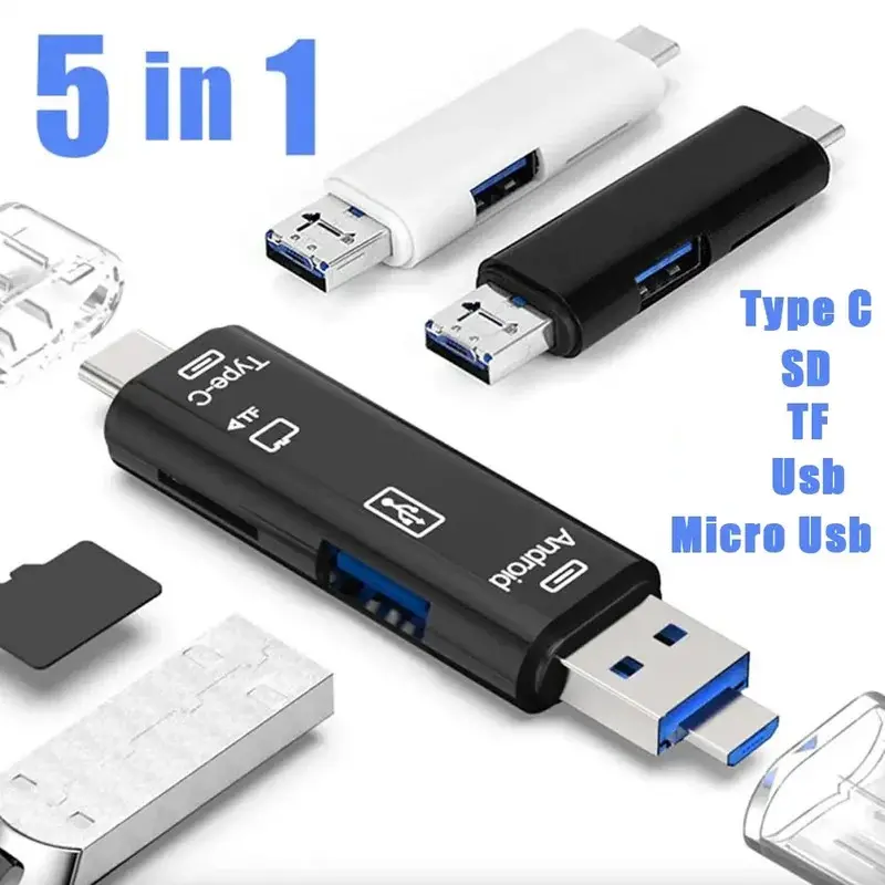5-in-1 Multifunction OTG Card Reader, USB 2.0 Type-C Micro USB Adapter, SD TF Memory Card Dock for Android Phones, Laptop, PC, Sd Card