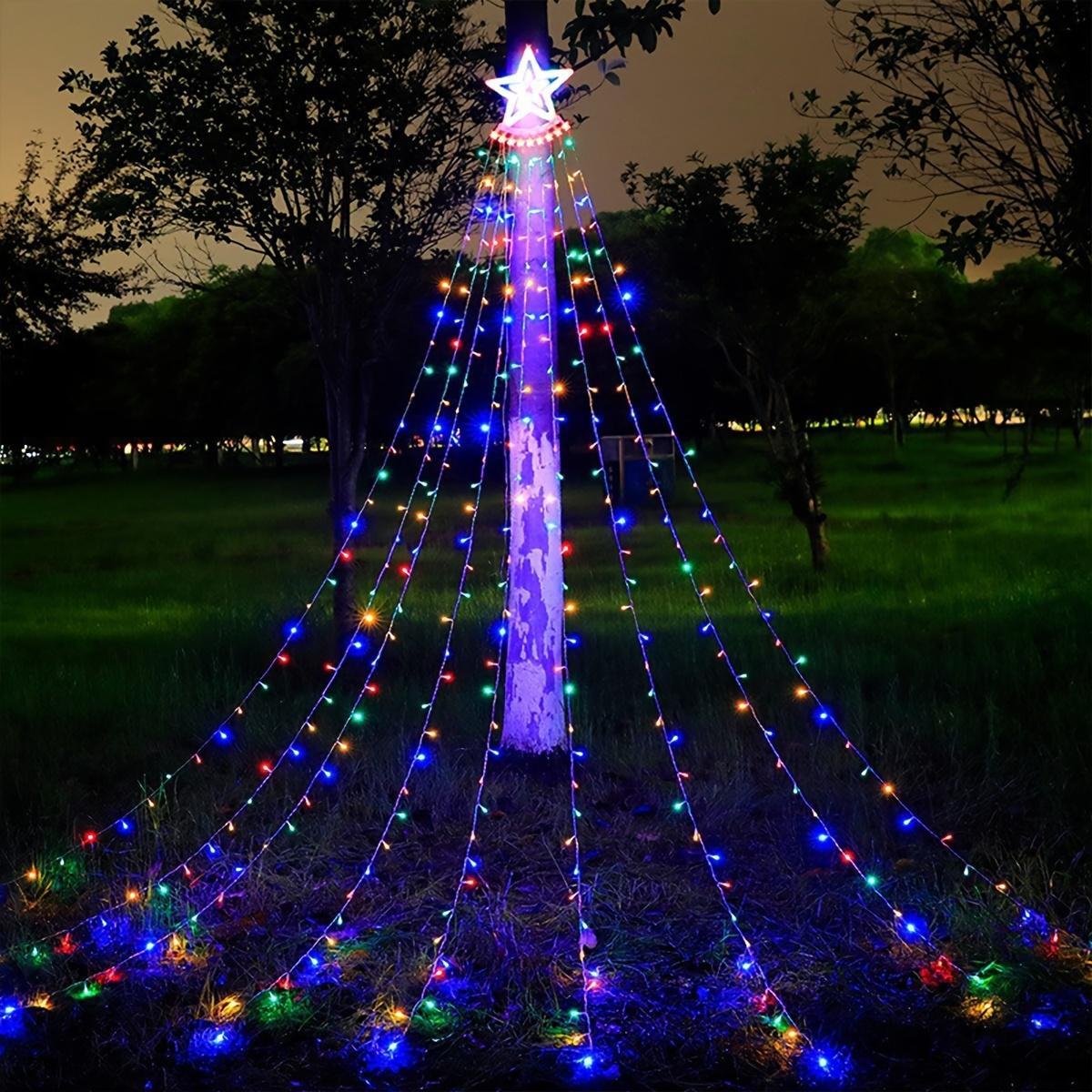 1 Solar Christmas Decorative Star Waterfall Tree Light with 8 Modes, Perfect for Outdoor Garden, Yard, and Patio Holiday Decor
