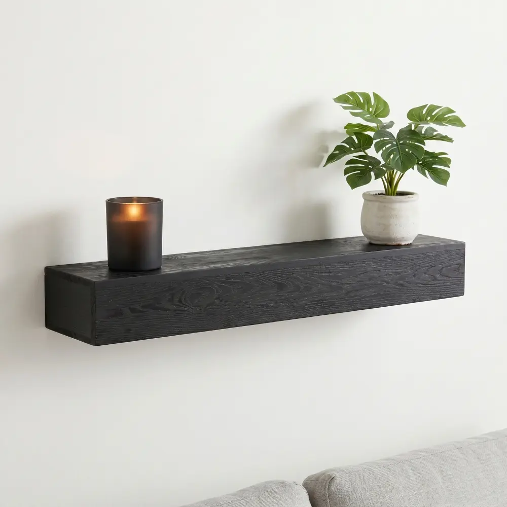 48 Inch Black Floating Fireplace Mantel Shelf, Embossed Western Red Cedar Wood Wall Mounted Shelf for Living Room, Bedroom, Kitchen and Farmhouse Home Decor