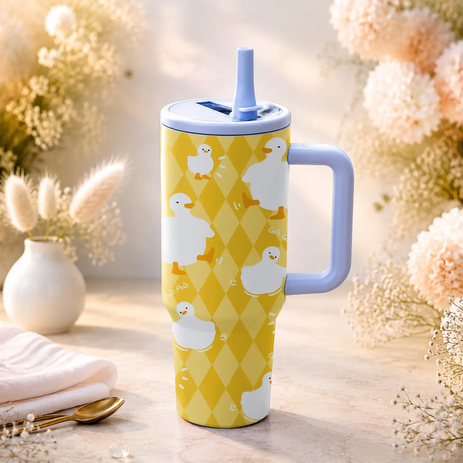 1PC Duck Diary 40oz Double Wall Tumbler with Handle, Cute Duck & Yellow Argyle Pattern Design, Aesthetic Insulated Stainless Steel Straw Cup, Large Capacity Water Bottle for Women, Perfect for Work, Travel, Camping, Gym and Everyday Hydration