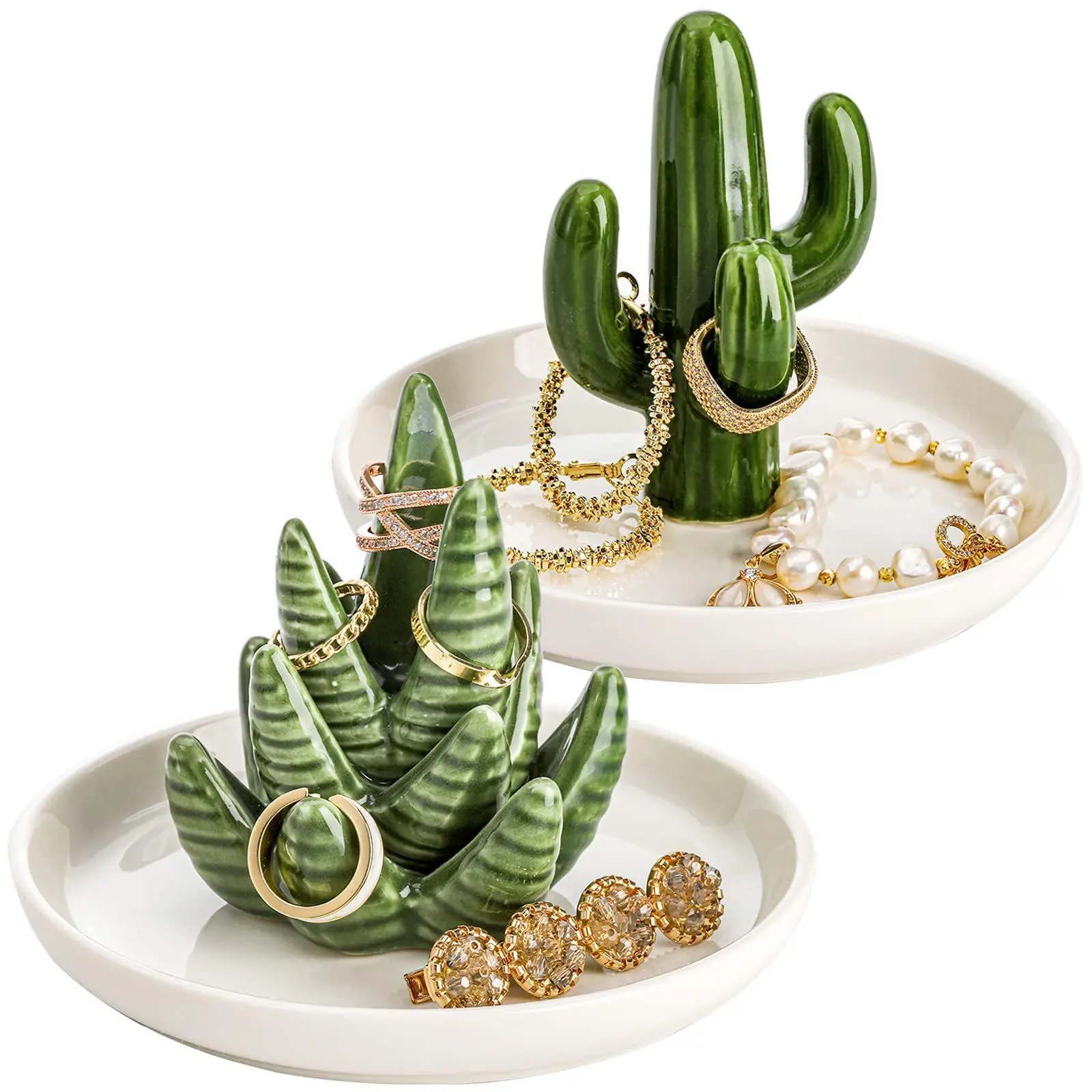 Handcrafted Italian Ceramic Cactus Shape Ring Dish Organizer Set - Satin-Finish Decorative Jewelry Storage Tray for Rings, Earrings, Small Accessories, Women's Vanity Decor, Home Use & Bulk Wholesale Option