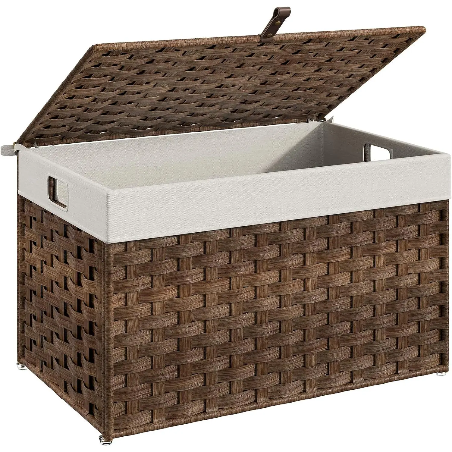 Storage Basket with Lid, 17.2 Gallon (65L) Wicker Basket, Handwoven Blanket Storage Basket with Handles, Metal Frame and Soft Lining, Foldable for Bedroom, Laundry Room, Brown BR265CW01