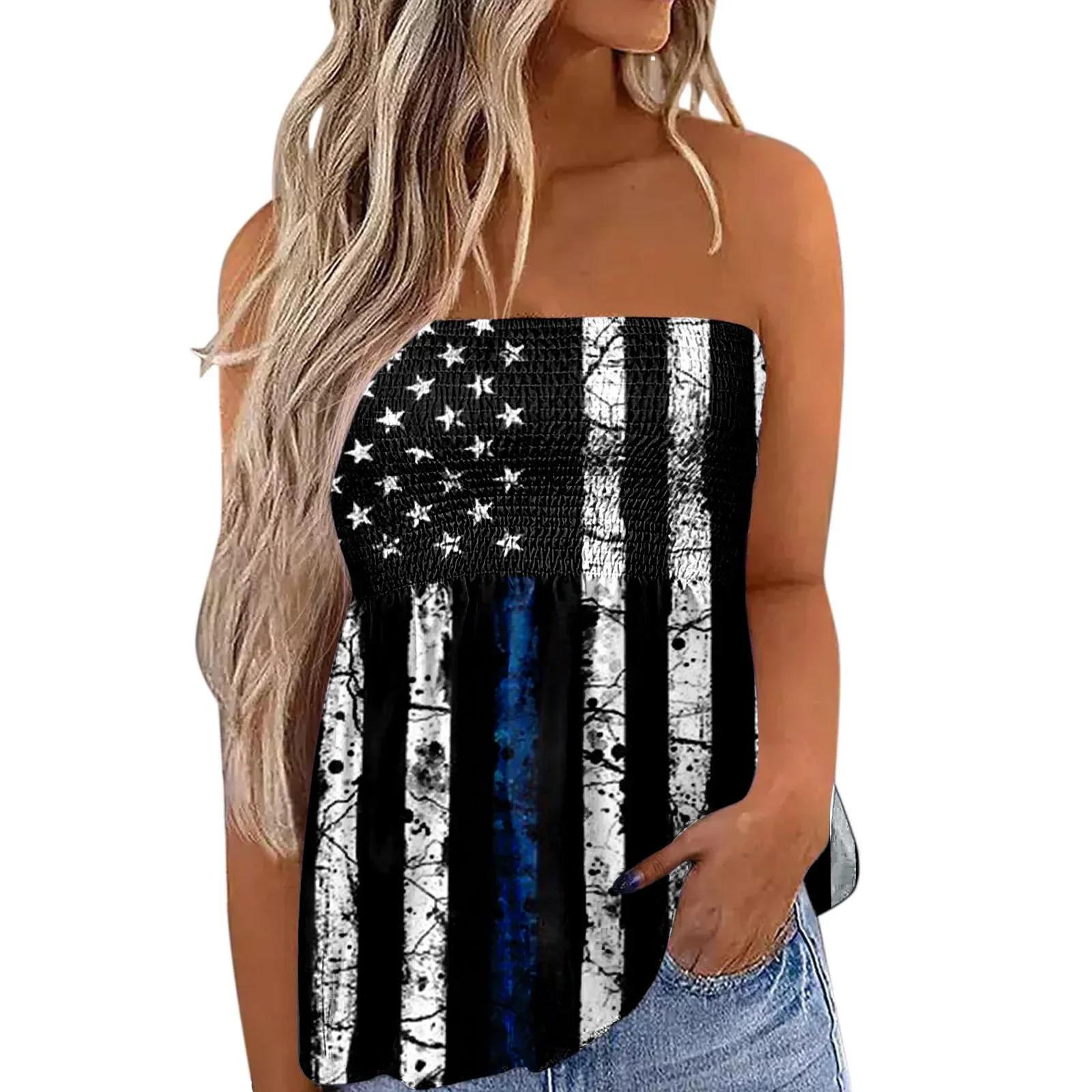 2025 New Women's Fashion Clothing Independence Day Printed Tube Top T-shirt for Women Flowy Strapless Tube Top Blouse