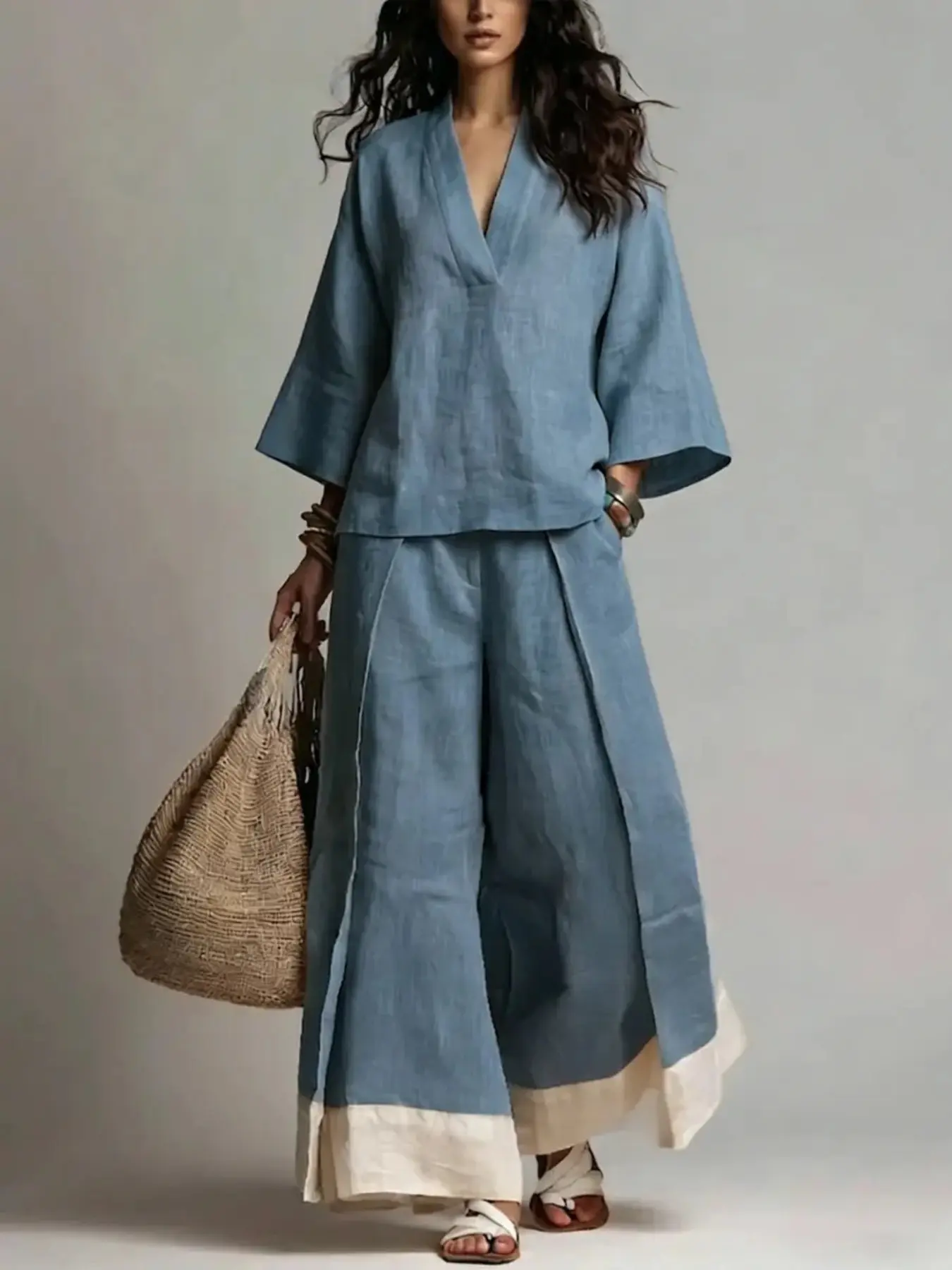 【XX72 Exclusive】 2026 SpringFall French V-Neck Linen-Look Shirt Set | 3/4 Sleeve Blouse & Wide Leg Pants Two-Piece Outfit