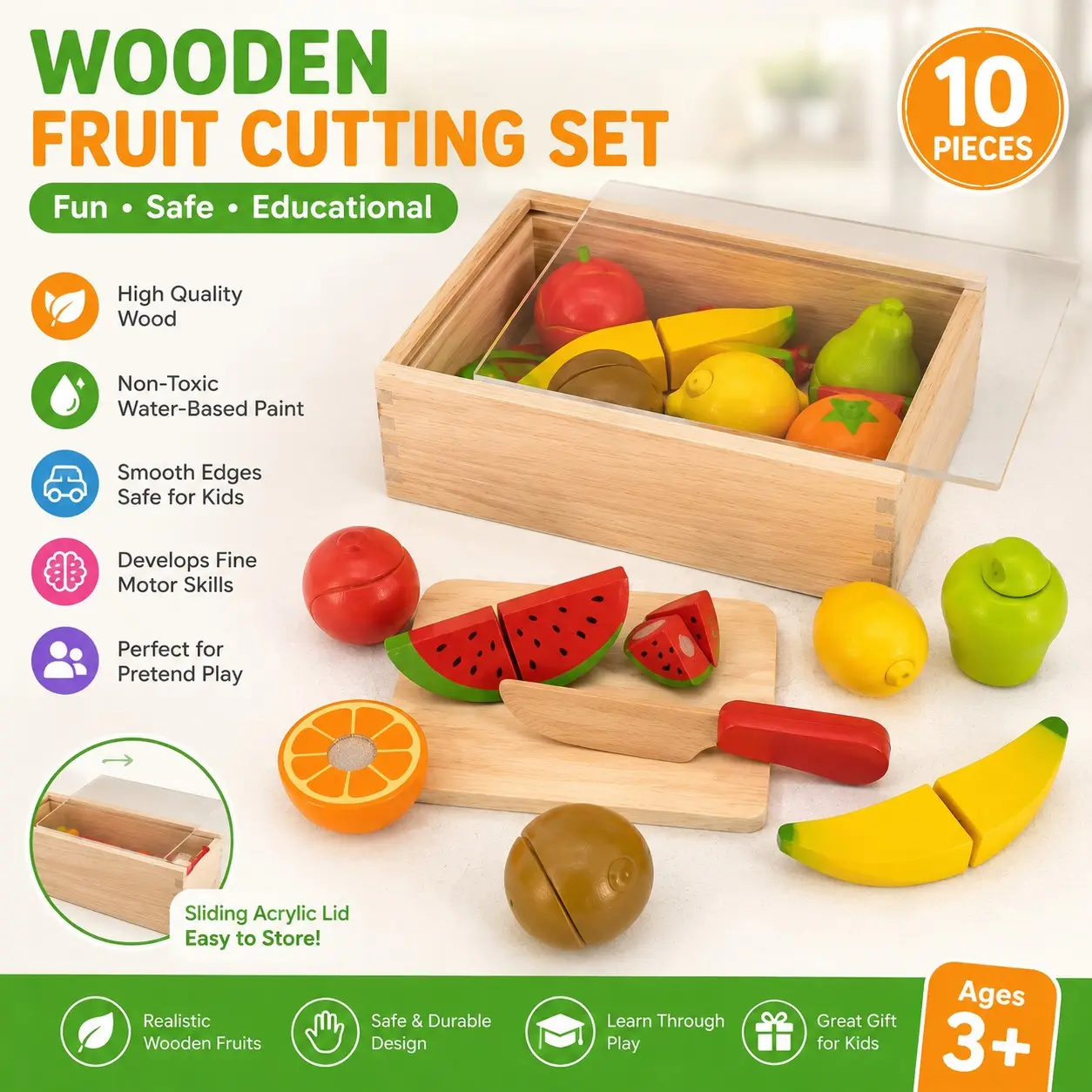 High-Quality Wooden Fruit Cutting Set with Storage Box, 9-Piece Montessori Toy, Kids' Role-Play and Math Learning Gift