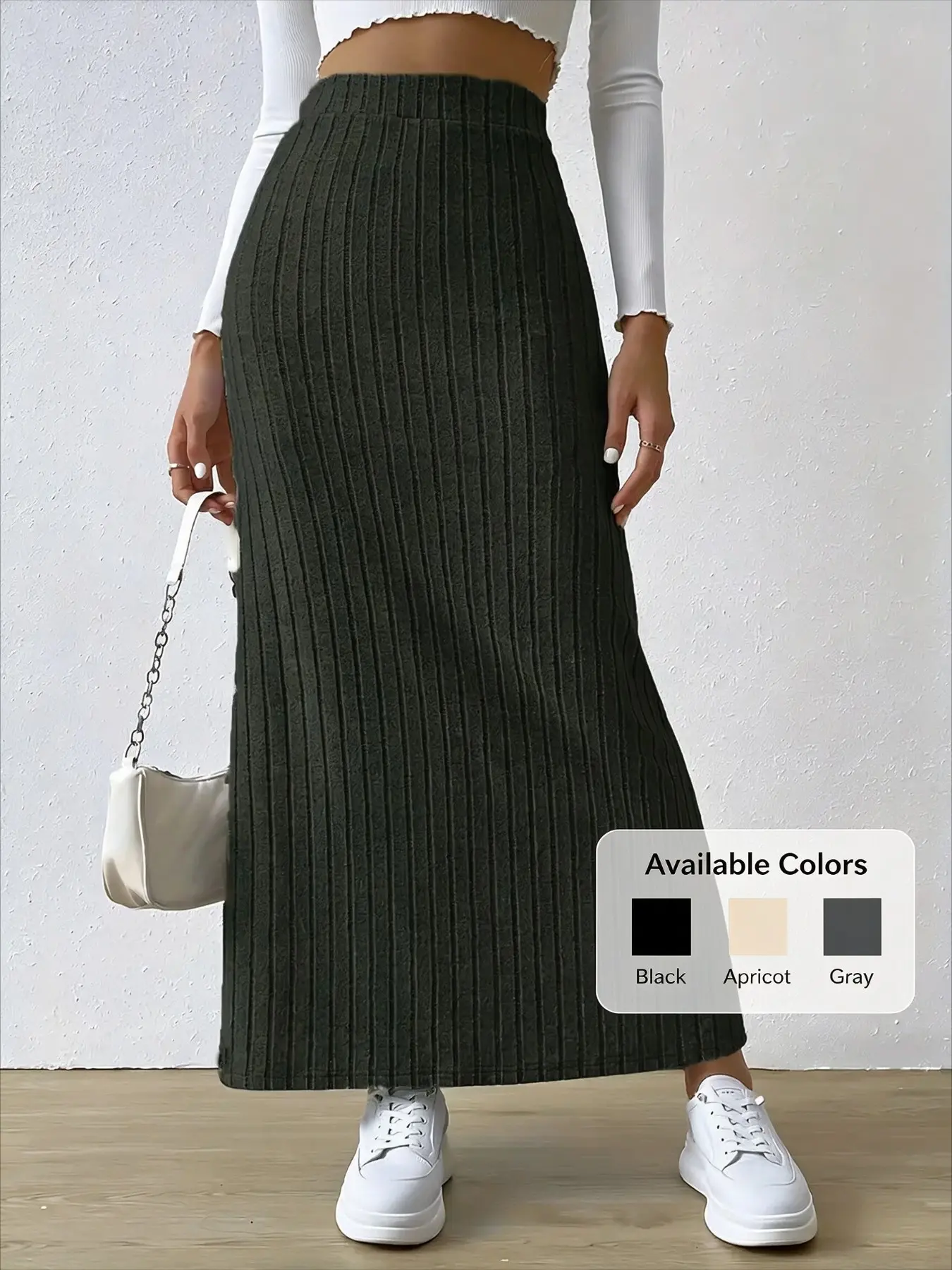 High-Waisted Ribbed Knitted Midi Skirt for Women, Slim-Fitting Side Slit Elastic Waist Long Pencil Skirt, Casual Fashion Daily Wear Stretchy