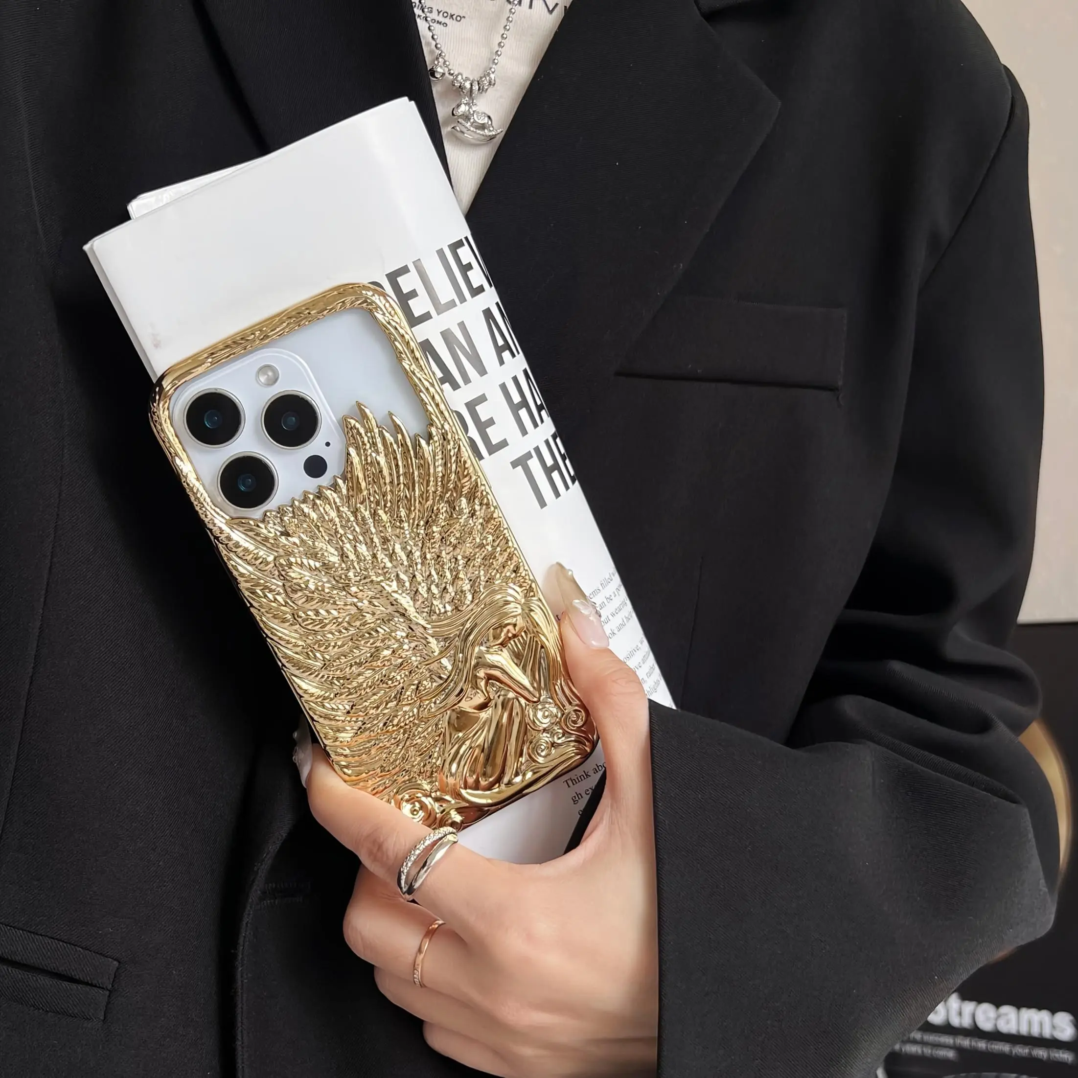 Phone Case - Electroplated Bright Three-Dimensional Relief Angel Personalized Creative Engraving Suitable for Case for Iphone17/17Pro/17Promax/16/16Pro/16Promax/15/15Pro/15Promax/14/14Pro/14Promax/13/13Pro/13Promax/12Promax Mobile Phone Case