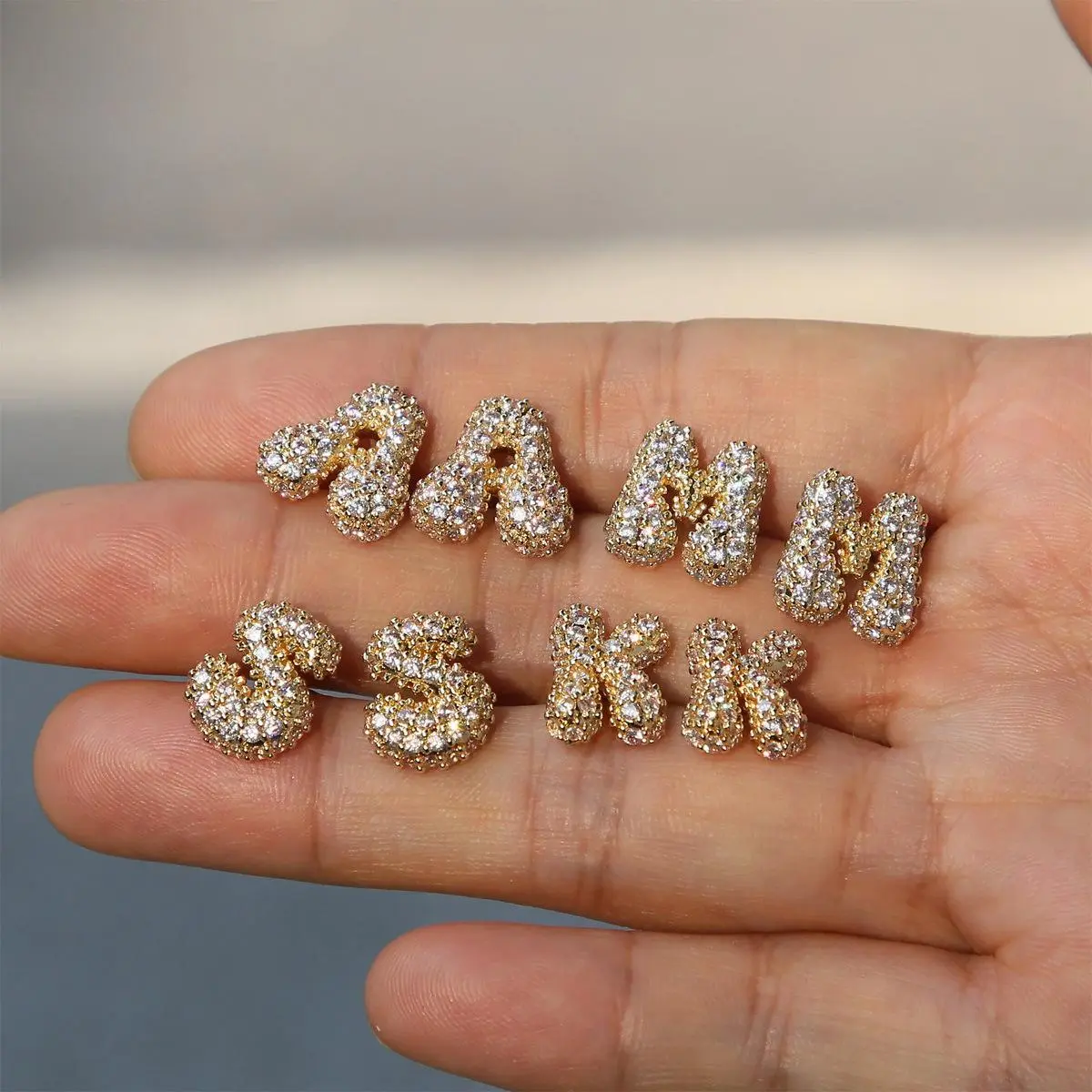 Trendy 14K Gold Plated Exquisite Bubble Initial Earrings for Women, Cute Balloon Letter A-Z Earrings Dainty Shiny Cubic Zirconia Ear Stud Personalized Puffy Name A-Z Alphabet Statement Earrings