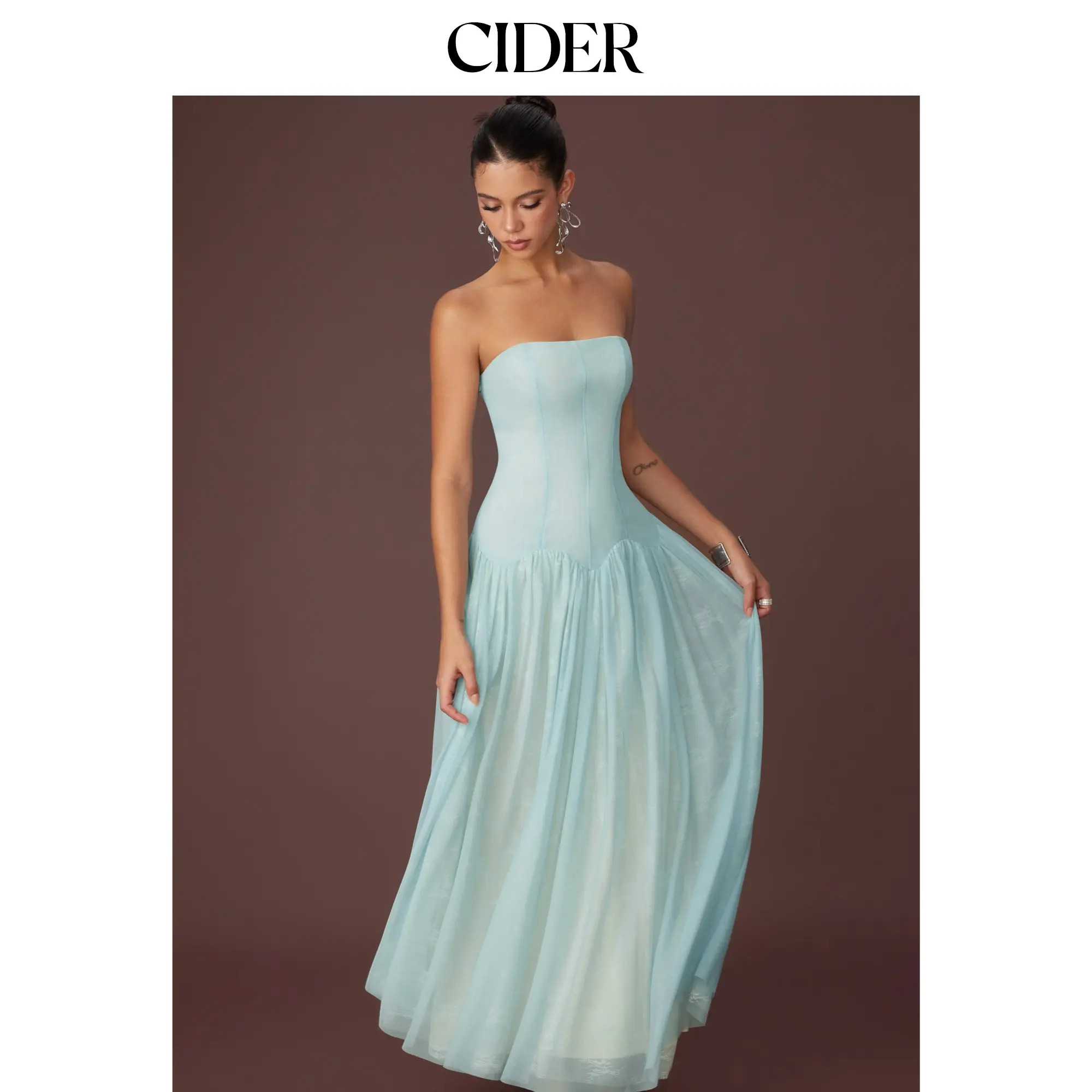 Cider Mesh Bandeau Draped Flared Maxi Dress