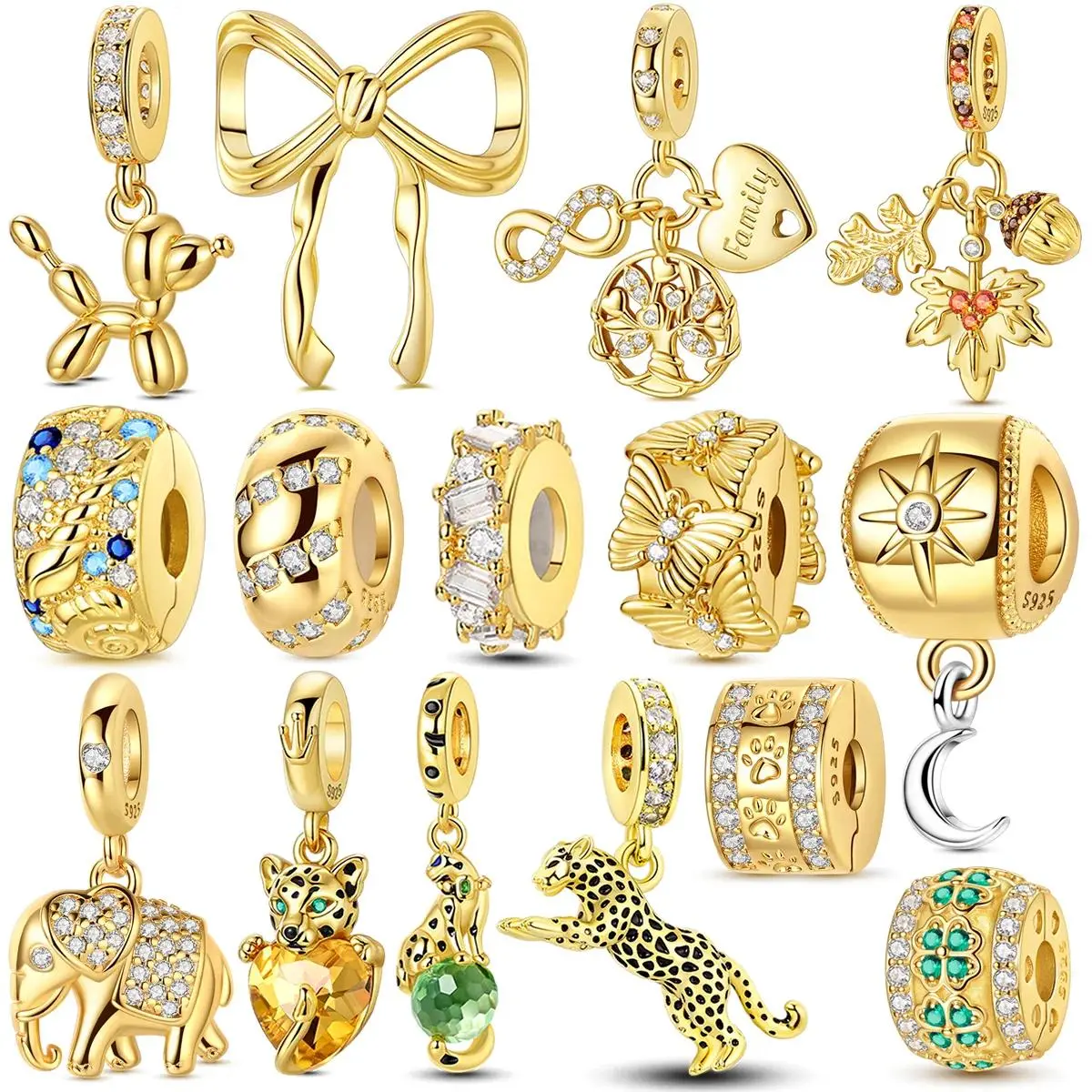 Gold Series Charms Bead Original 925 Sterling Silver Inlaid Zirconium Sun Leopard Pendants Fit Bracelet Jewelry Gift DIY Marking