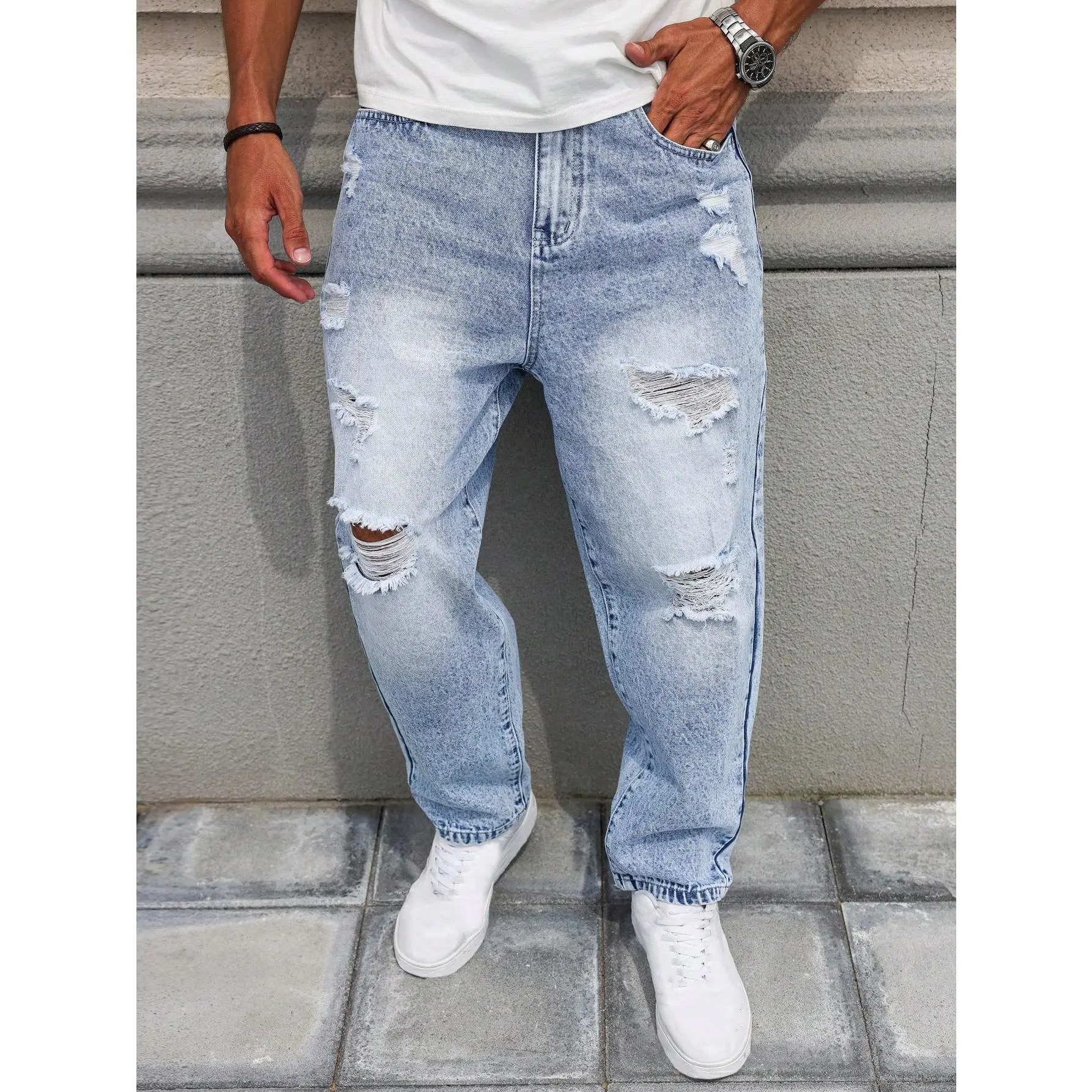 Men's retro light-colored ripped jeans, mid-rise frayed ripped loose straight leg, new light blue ripped jeans, men's multiple frayed ripped designs, loose straight leg cut, street style bottoms.